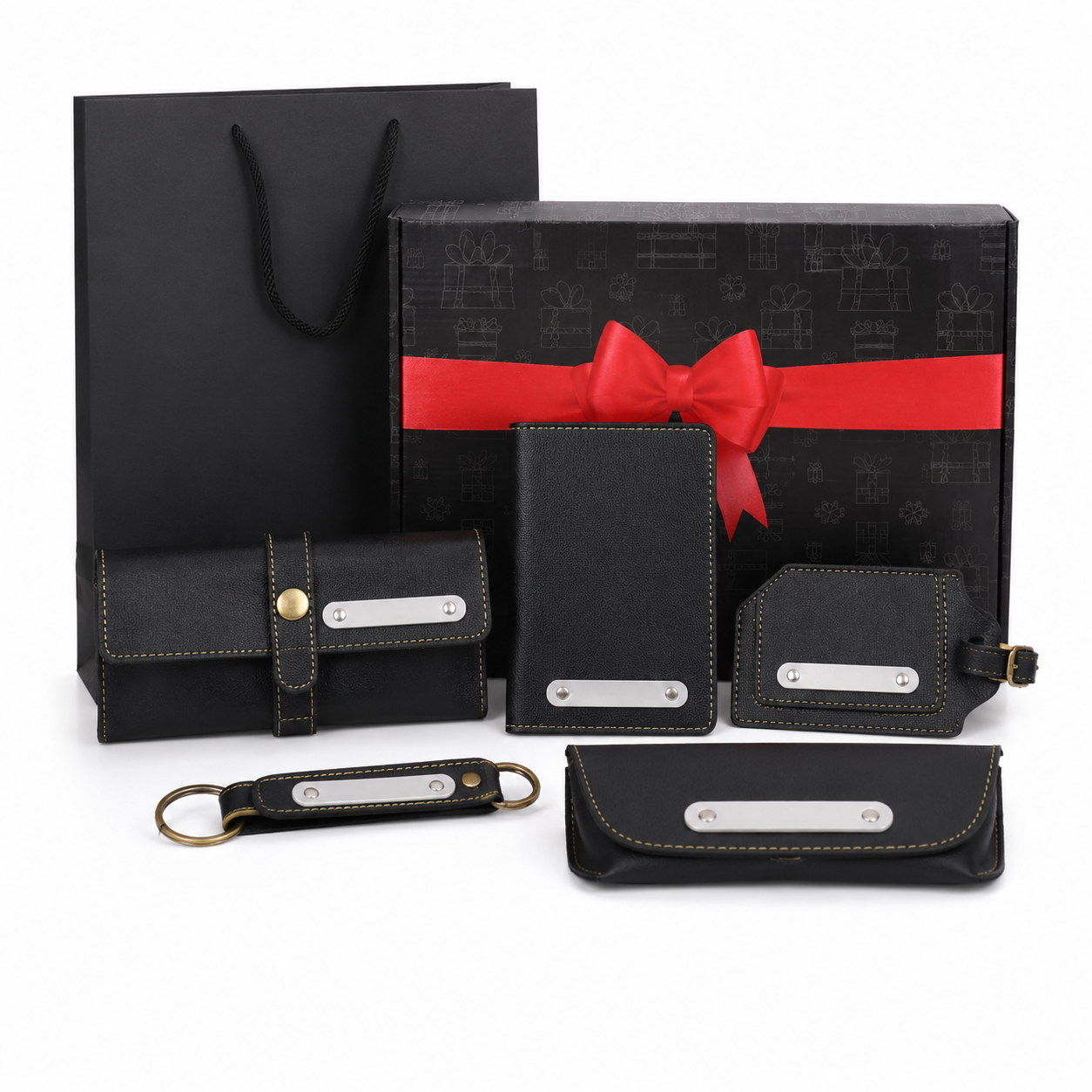 TRAVEL COMBO 01 - 4 IN (BLACK) LUGGAGE TAG/ SUNGLASSES COVER / PASSPORT HOLDERR/ KEYCHAIN
