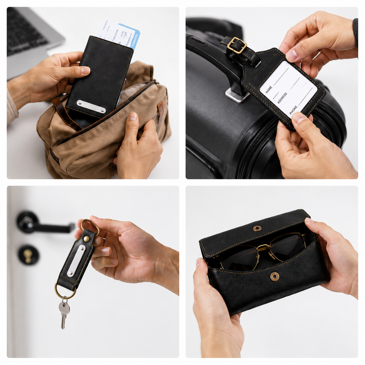 TRAVEL COMBO 01 - 4 IN (BLACK) LUGGAGE TAG/ SUNGLASSES COVER / PASSPORT HOLDERR/ KEYCHAIN image 3