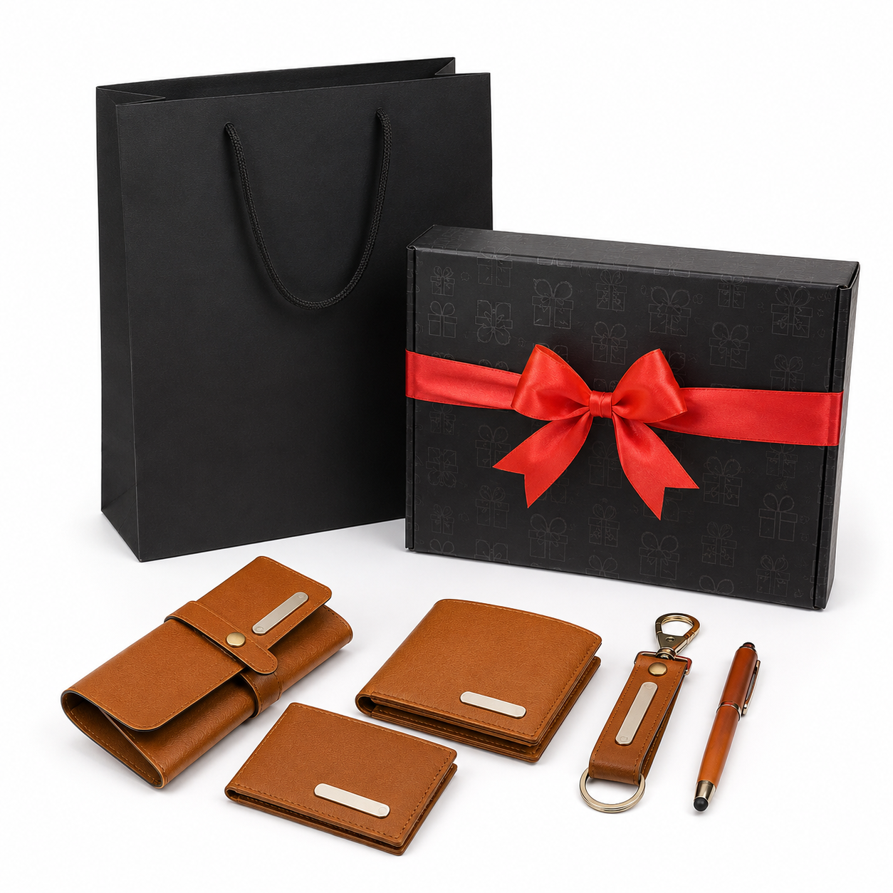 MENS COMBO 01 - 5 IN 1( BROWN ) CARDHOLDER/ SUNGLASS COVER/ KEYCHAIN / METAL PEN WITH STYLUS