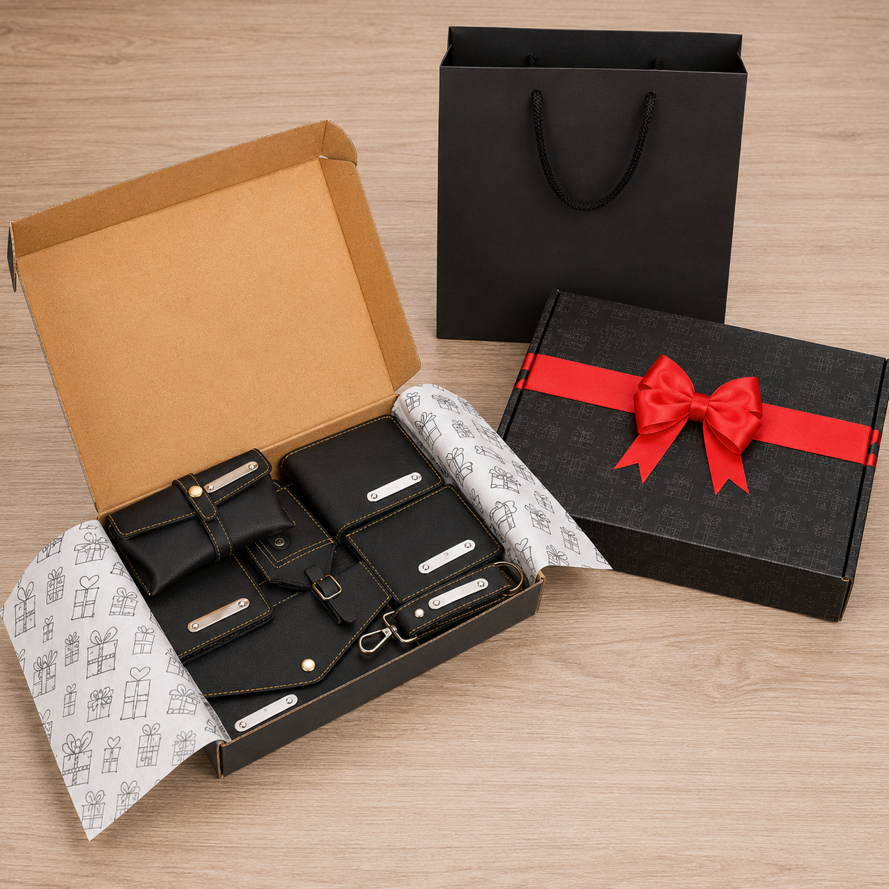 LIFESTYYLE COMBO 05 - 10 IN 1 ( BLACK ) LUGGAGE TAG / KEYCHAIN / MENS WALLET / SUNGLASS COVER / CHEQUEBOOK HOLDER / LADIES WALLET / PASSPORT HOLDER / CARDHOLDER / A5 NOTBOOK / STATIOMERY POUCH 