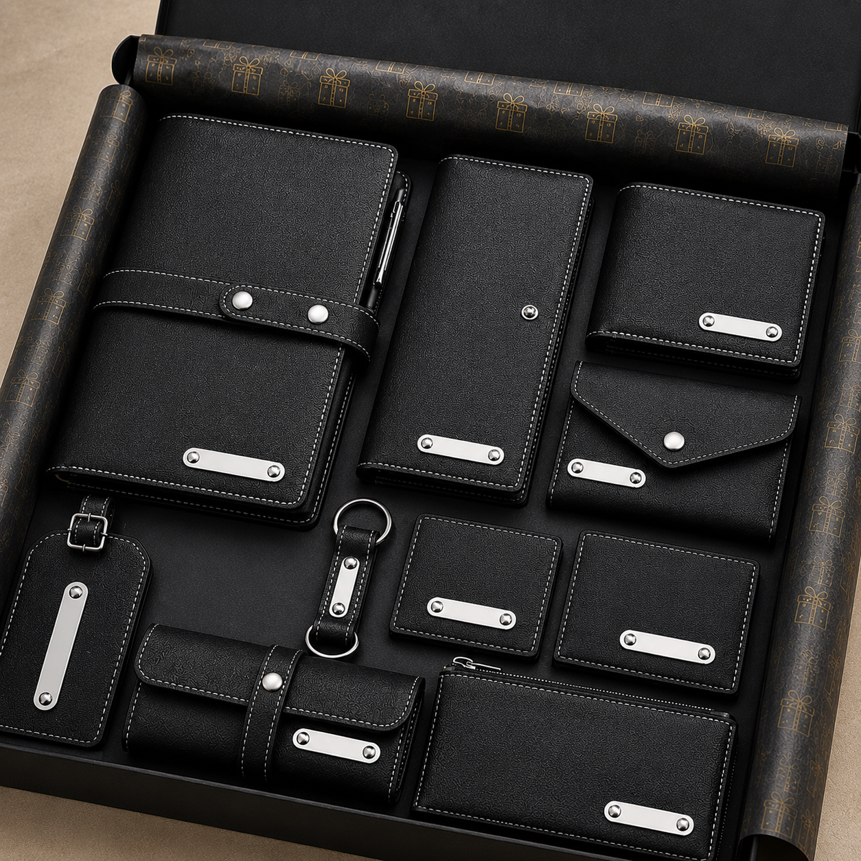 LIFESTYYLE COMBO 05 - 10 IN 1 ( BLACK ) LUGGAGE TAG / KEYCHAIN / MENS WALLET / SUNGLASS COVER / CHEQUEBOOK HOLDER / LADIES WALLET / PASSPORT HOLDER / CARDHOLDER / A5 NOTBOOK / STATIOMERY POUCH  image 5
