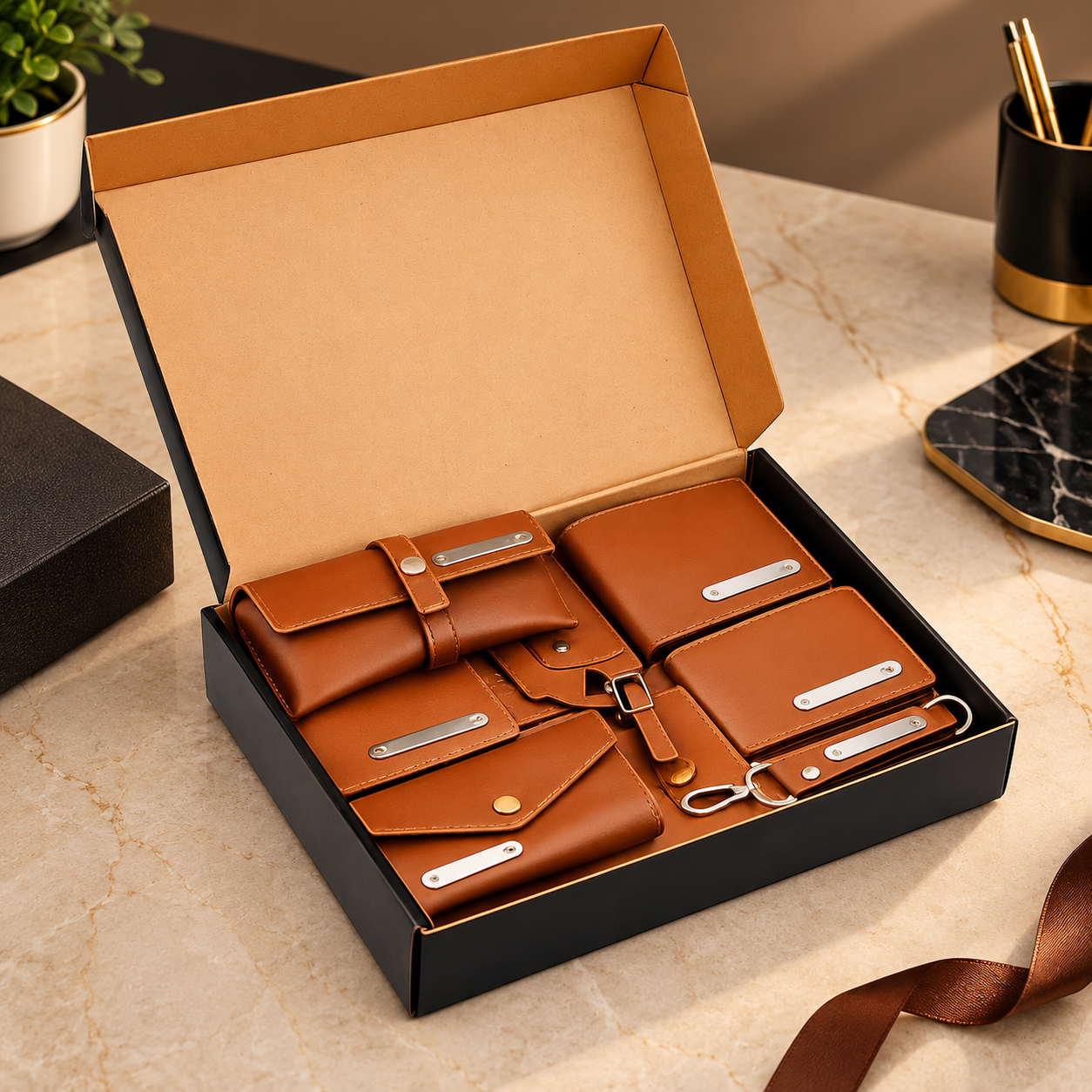 LIFESTYYLE COMBO 05 - 10 IN 1 ( BROWN ) LUGGAGE TAG / KEYCHAIN / MENS WALLET / SUNGLASS COVER / CHEQUEBOOK HOLDER / LADIES WALLET / PASSPORT HOLDER / CARDHOLDER / A5 NOTBOOK / STATIOMERY POUCH 