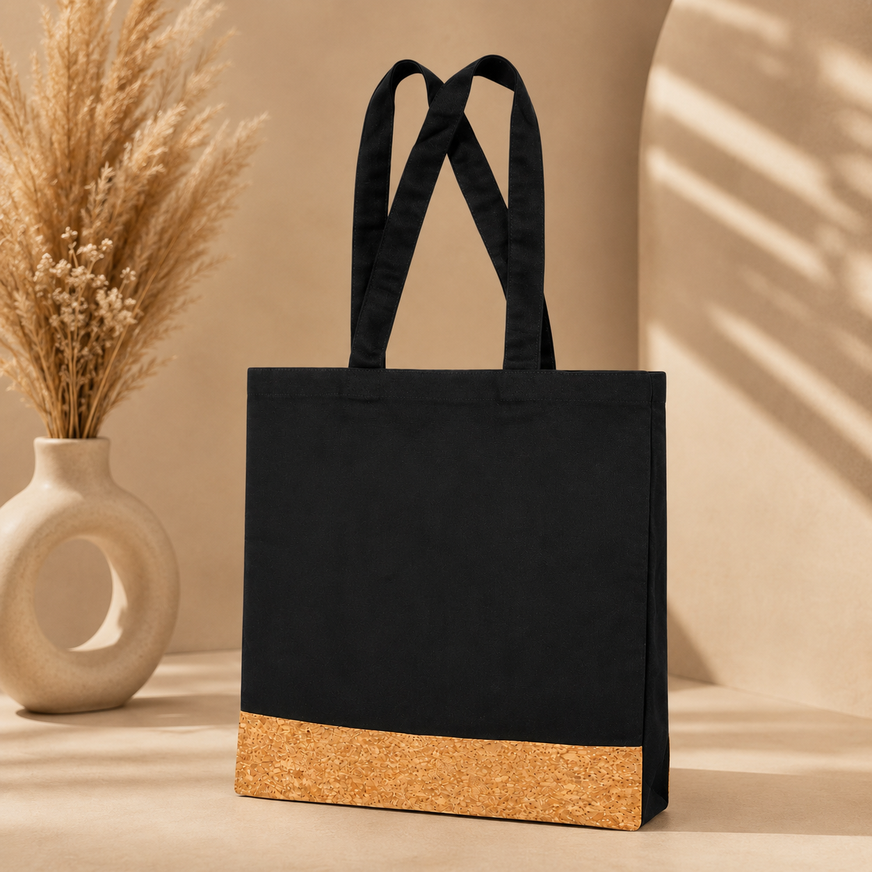 COTTON TOTE BAG WITH CORKPATTERN BLACK image 3
