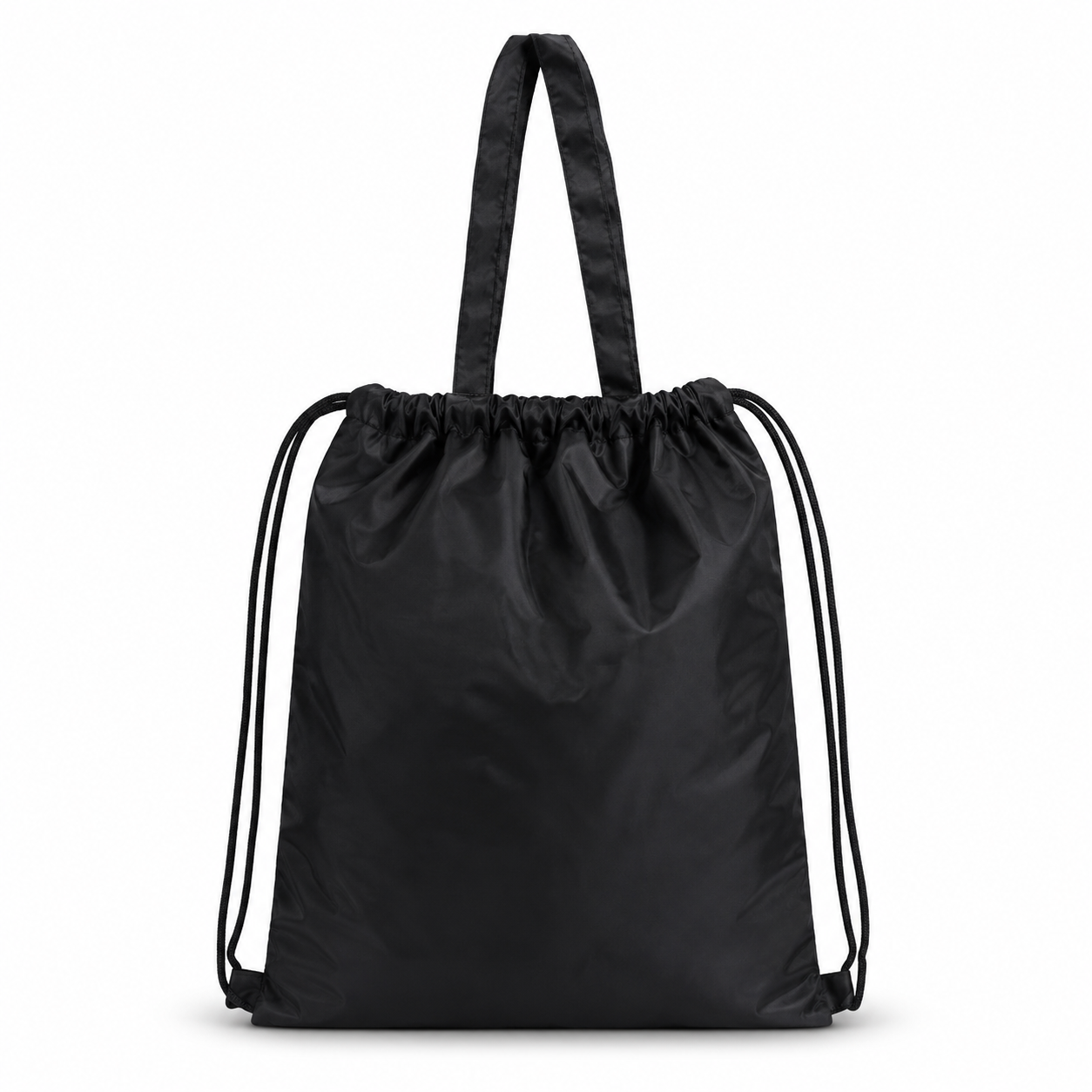 NYLON HAND BAG / DRAWSTRING BAG /  DUAL-FUNCTION CARRY AS OR TOTE OR DRAWSTRING BACKPACK / MADE FROM DURABLE , LIGHWEIGH NYLON / SPACIOUS INTERIOR FOR DAILY ESSENTIALS / IDEAL FOR WORK , TRAVEL , OR GIVEAWAYS BLACK