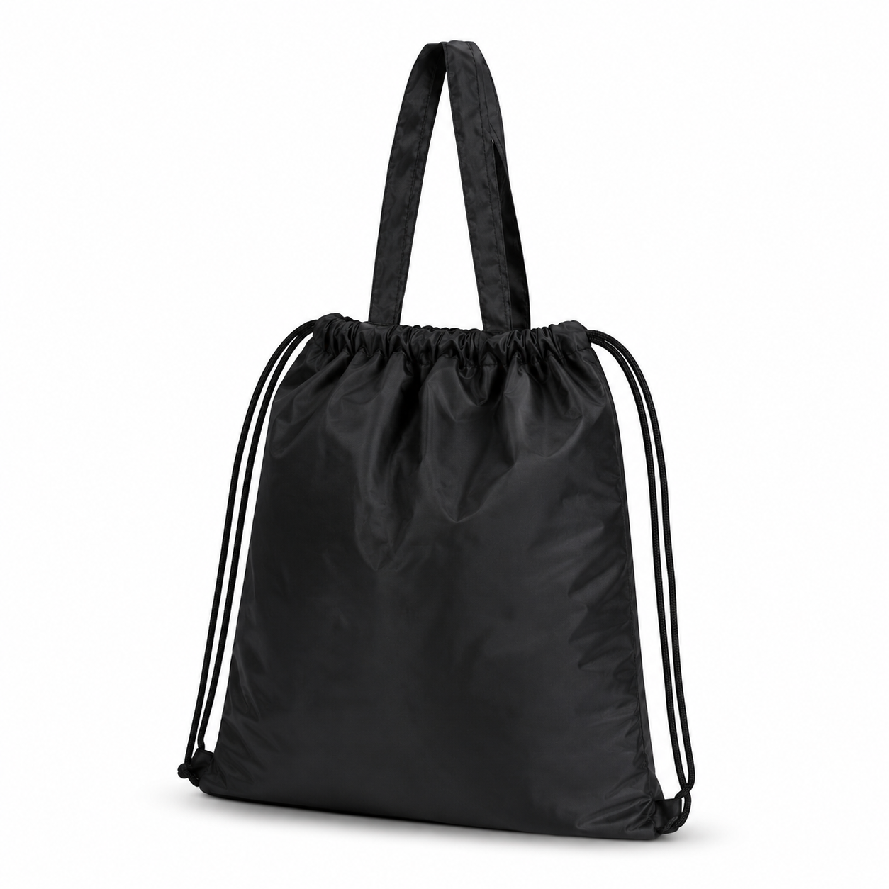 NYLON HAND BAG / DRAWSTRING BAG /  DUAL-FUNCTION CARRY AS OR TOTE OR DRAWSTRING BACKPACK / MADE FROM DURABLE , LIGHWEIGH NYLON / SPACIOUS INTERIOR FOR DAILY ESSENTIALS / IDEAL FOR WORK , TRAVEL , OR GIVEAWAYS BLACK image 2