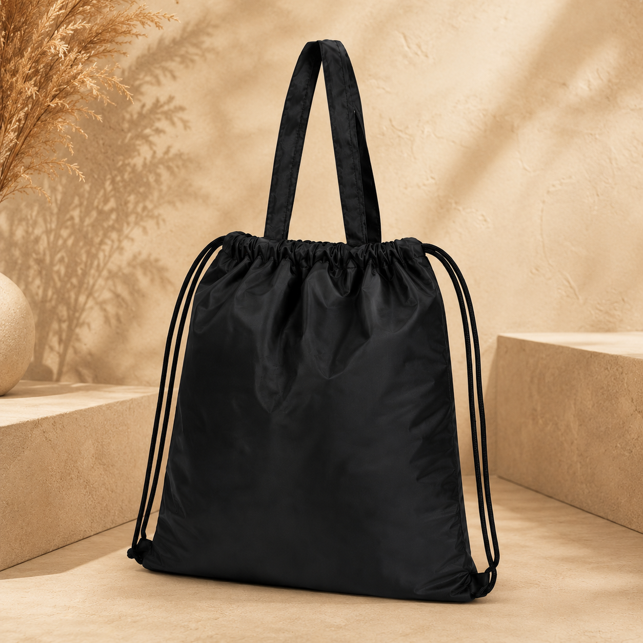 NYLON HAND BAG / DRAWSTRING BAG /  DUAL-FUNCTION CARRY AS OR TOTE OR DRAWSTRING BACKPACK / MADE FROM DURABLE , LIGHWEIGH NYLON / SPACIOUS INTERIOR FOR DAILY ESSENTIALS / IDEAL FOR WORK , TRAVEL , OR GIVEAWAYS BLACK image 4