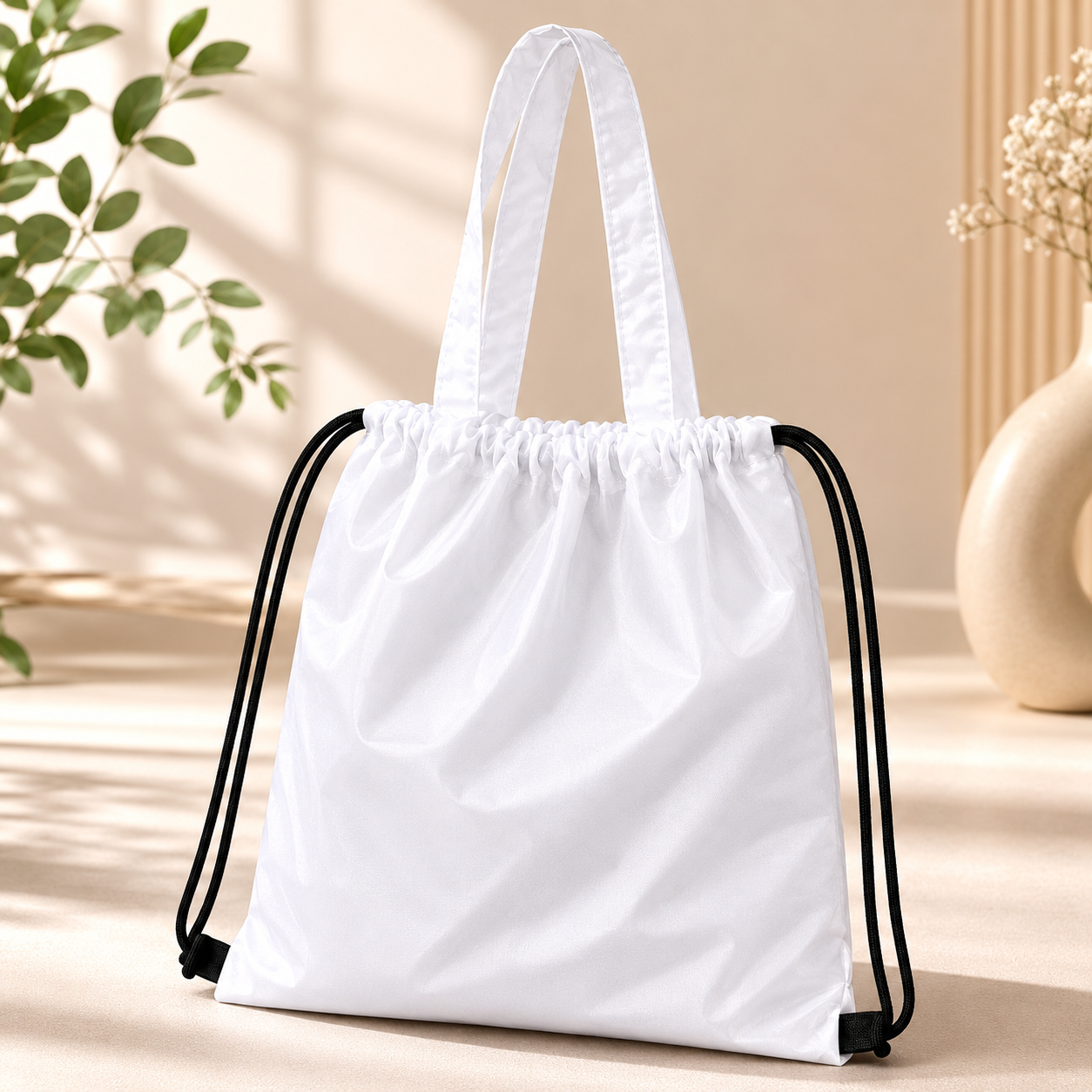 NYLON HAND BAG / DRAWSTRING BAG /  DUAL-FUNCTION CARRY AS OR TOTE OR DRAWSTRING BACKPACK / MADE FROM DURABLE , LIGHWEIGH NYLON / SPACIOUS INTERIOR FOR DAILY ESSENTIALS / IDEAL FOR WORK , TRAVEL , OR GIVEAWAYS WHITE  image 3