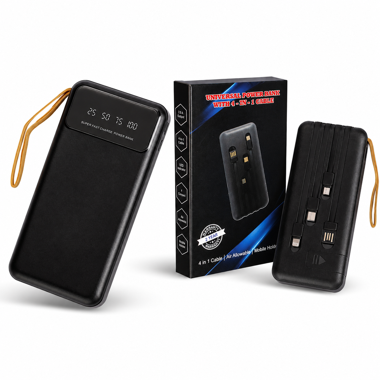 10000 MAH POWERBANK / 10000 MAH / BATTERY INDICATOR / TYPE C / APPLE & ANDROID INBUILT WIRE / SLIDER FOR MONILE STAND BLACK