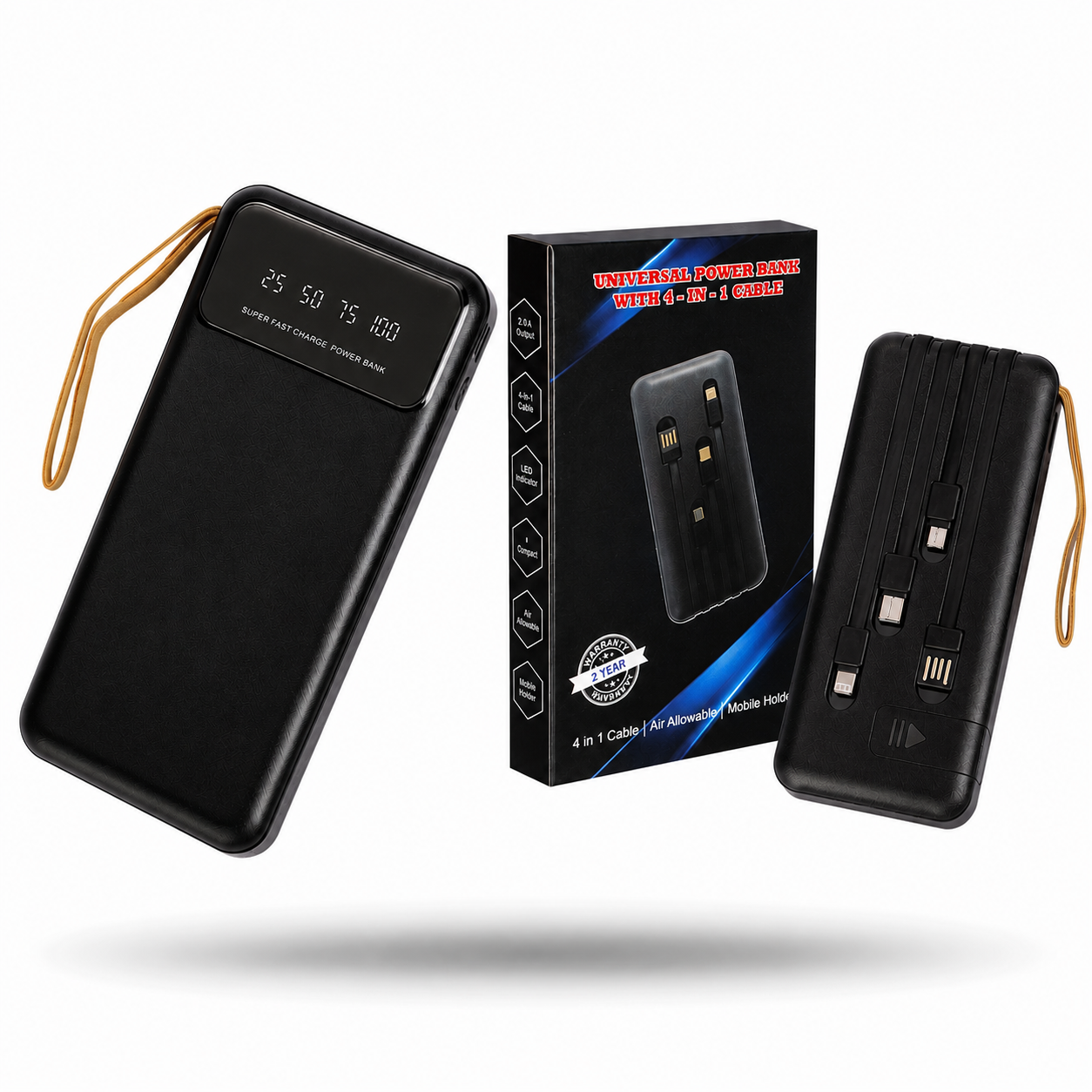 10000 MAH POWERBANK / 10000 MAH / BATTERY INDICATOR / TYPE C / APPLE & ANDROID INBUILT WIRE / SLIDER FOR MONILE STAND BLACK image 2