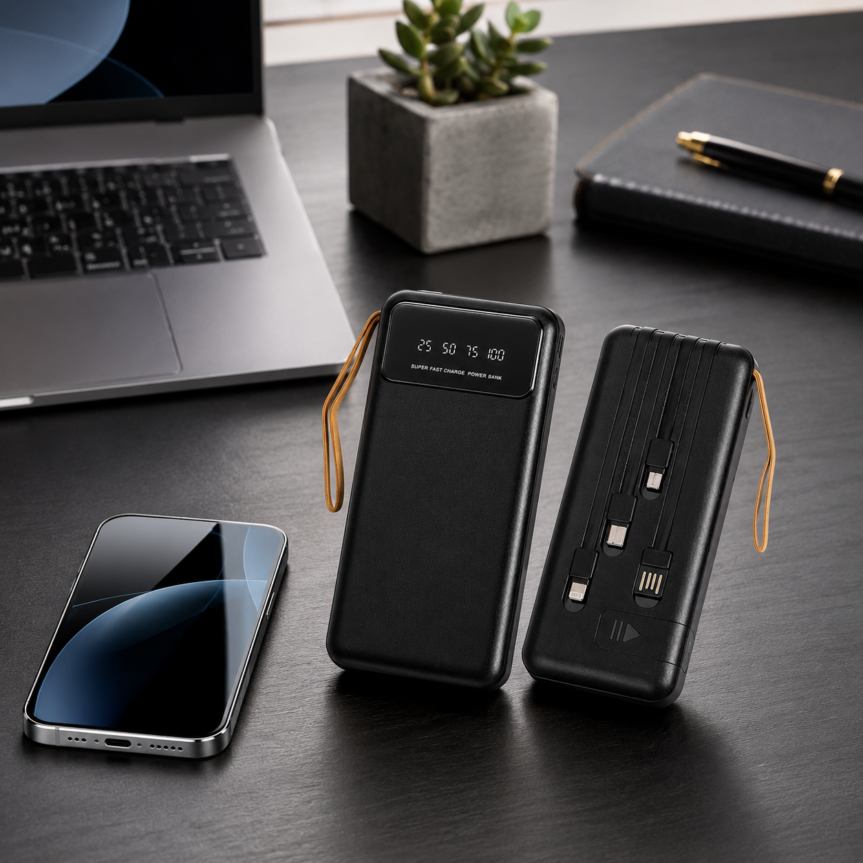 10000 MAH POWERBANK / 10000 MAH / BATTERY INDICATOR / TYPE C / APPLE & ANDROID INBUILT WIRE / SLIDER FOR MONILE STAND BLACK image 5