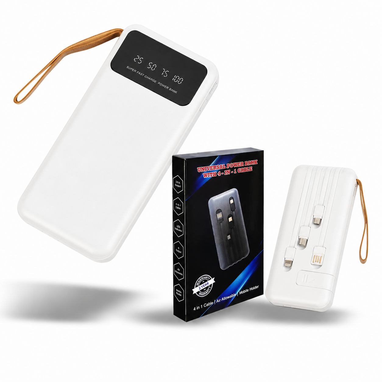 10000 MAH POWERBANK / 10000 MAH / BATTERY INDICATOR / TYPE C / APPLE & ANDROID INBUILT WIRE / SLIDER FOR MONILE STAND BRPWN