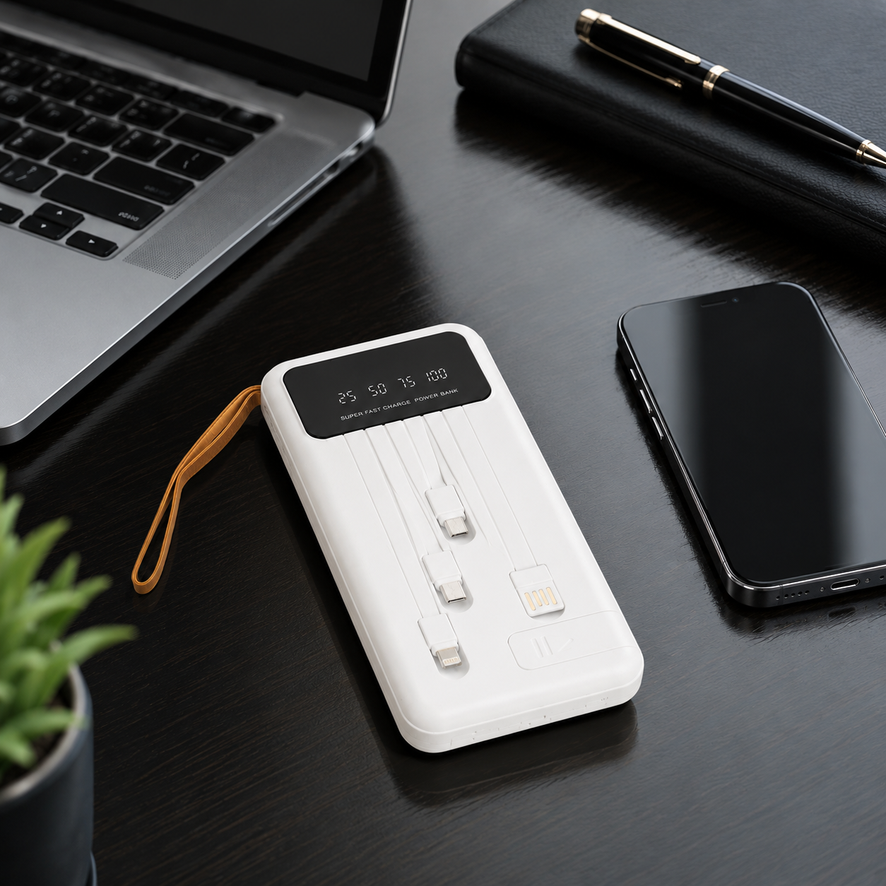 10000 MAH POWERBANK / 10000 MAH / BATTERY INDICATOR / TYPE C / APPLE & ANDROID INBUILT WIRE / SLIDER FOR MONILE STAND BRPWN image 5
