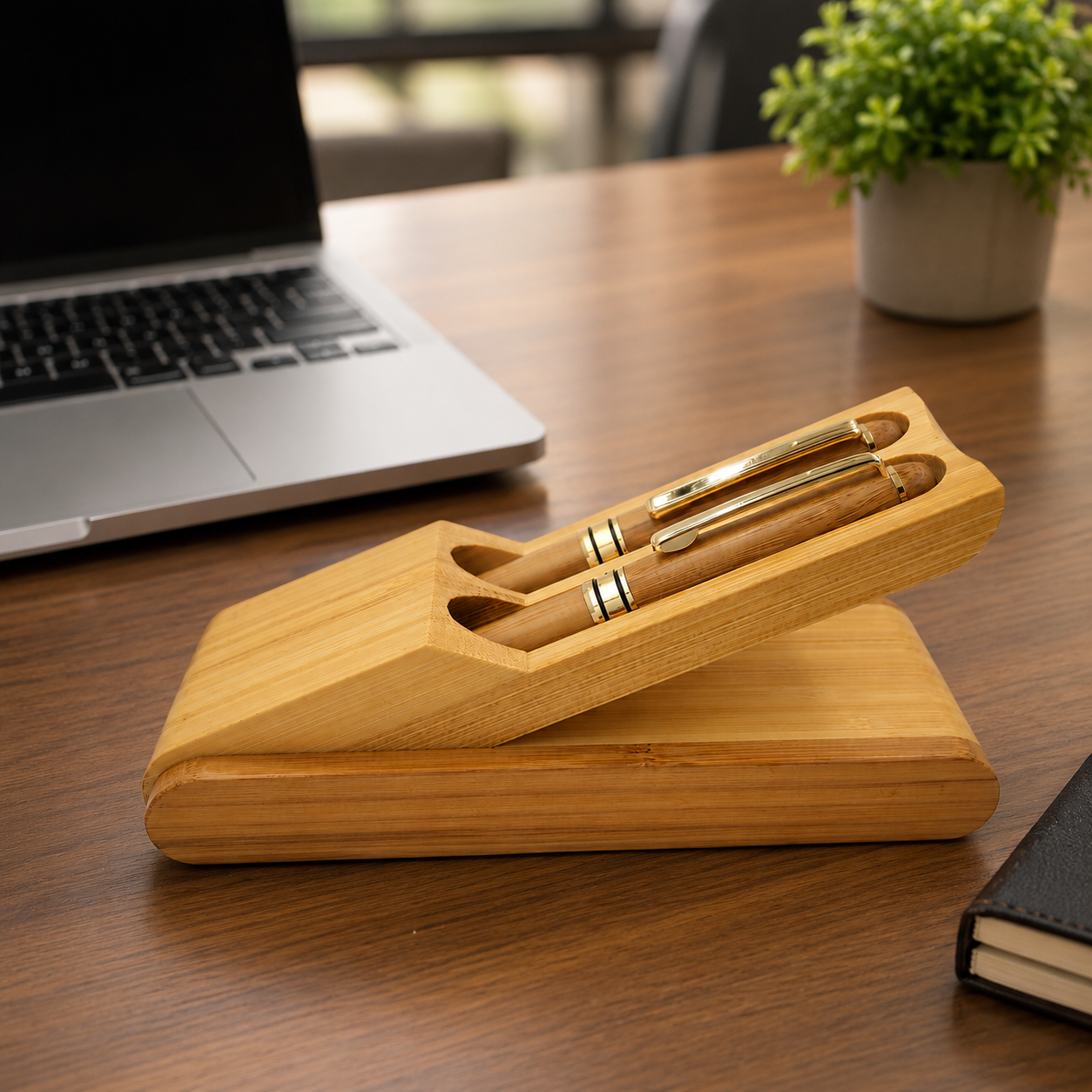 PB6 Bamboo Gift Box cum pen standee for 2 Pen