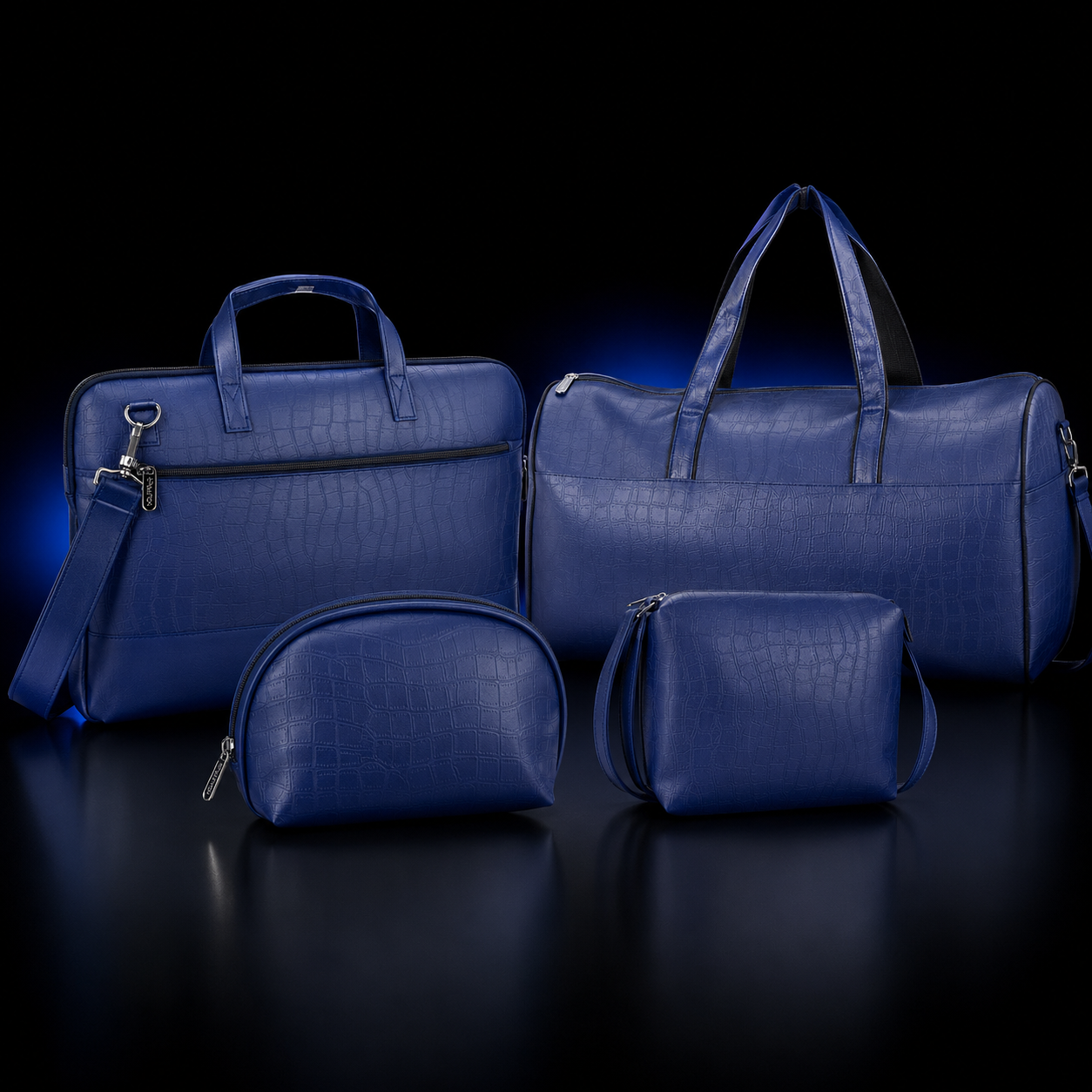 TRAVEL VOMBO 1 CROCO DESIGN LAPTOP BAG / 1 CROCO DESIGN DUFFLE BAG / 1CROCO DESIGN MULTIPURPOSE POUCH / 1 CROCO DESIGN SLING BAG NAVY BLUE
