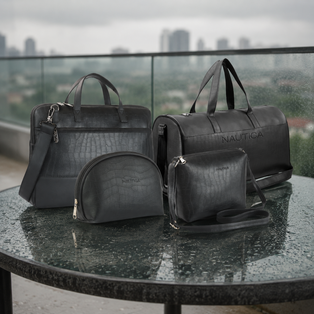 TRAVEL VOMBO 1 CROCO DESIGN LAPTOP BAG / 1 CROCO DESIGN DUFFLE BAG / 1CROCO DESIGN MULTIPURPOSE POUCH / 1 CROCO DESIGN SLING BAG BLACK