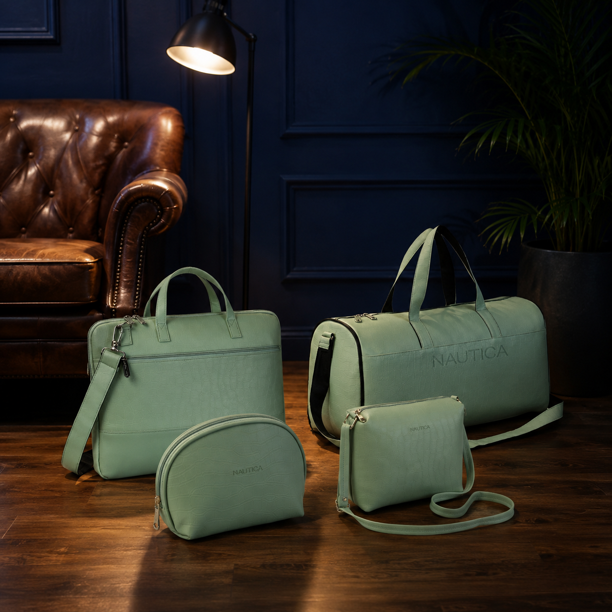 TRAVEL VOMBO 1 CROCO DESIGN LAPTOP BAG / 1 CROCO DESIGN DUFFLE BAG / 1CROCO DESIGN MULTIPURPOSE POUCH / 1 CROCO DESIGN SLING BAG LIGHT GREEN
