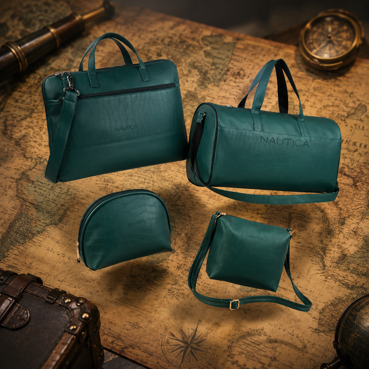 TRAVEL VOMBO 1 CROCO DESIGN LAPTOP BAG / 1 CROCO DESIGN DUFFLE BAG / 1CROCO DESIGN MULTIPURPOSE POUCH / 1 CROCO DESIGN SLING BAG DARK GREEN
