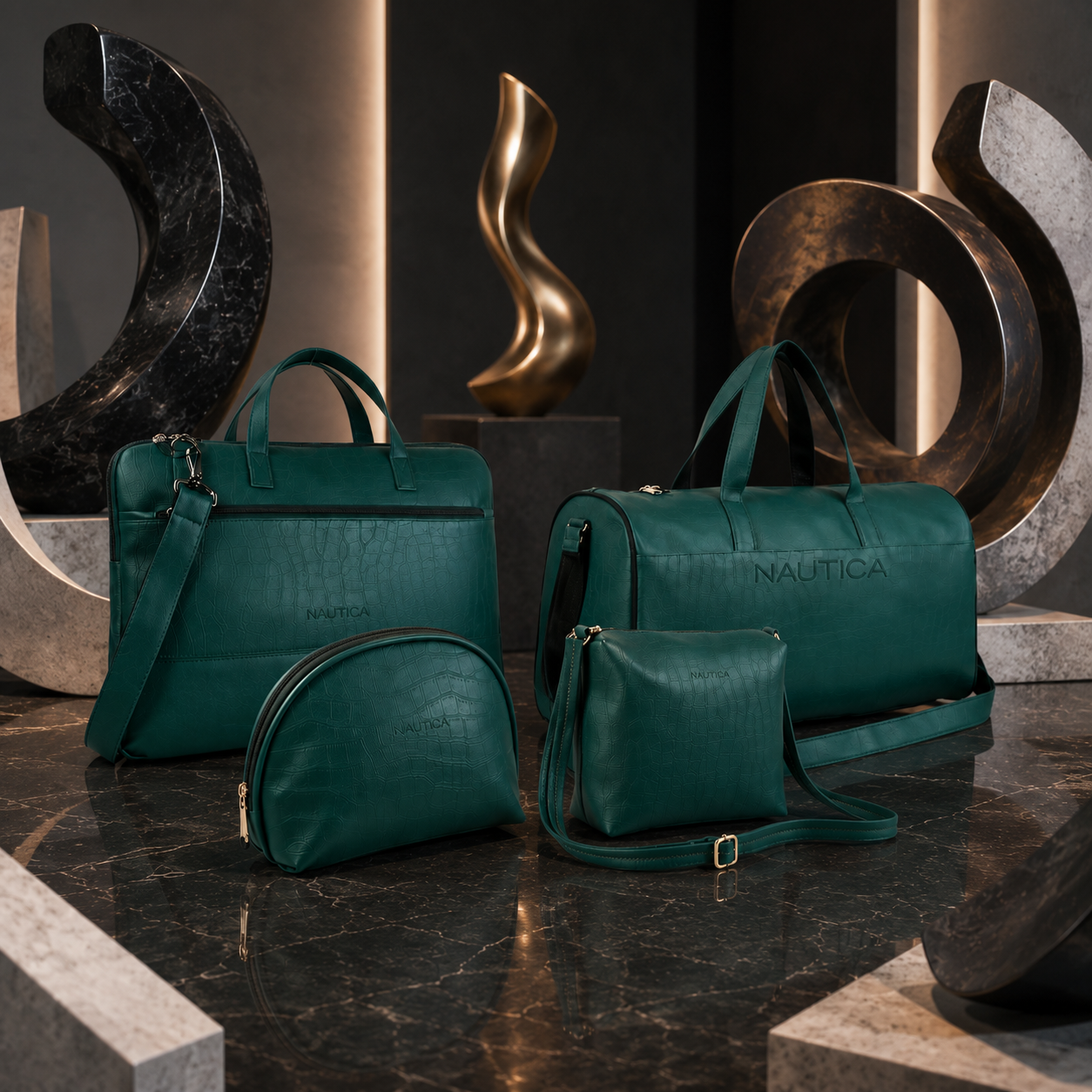 TRAVEL VOMBO 1 CROCO DESIGN LAPTOP BAG / 1 CROCO DESIGN DUFFLE BAG / 1CROCO DESIGN MULTIPURPOSE POUCH / 1 CROCO DESIGN SLING BAG DARK GREEN image 3