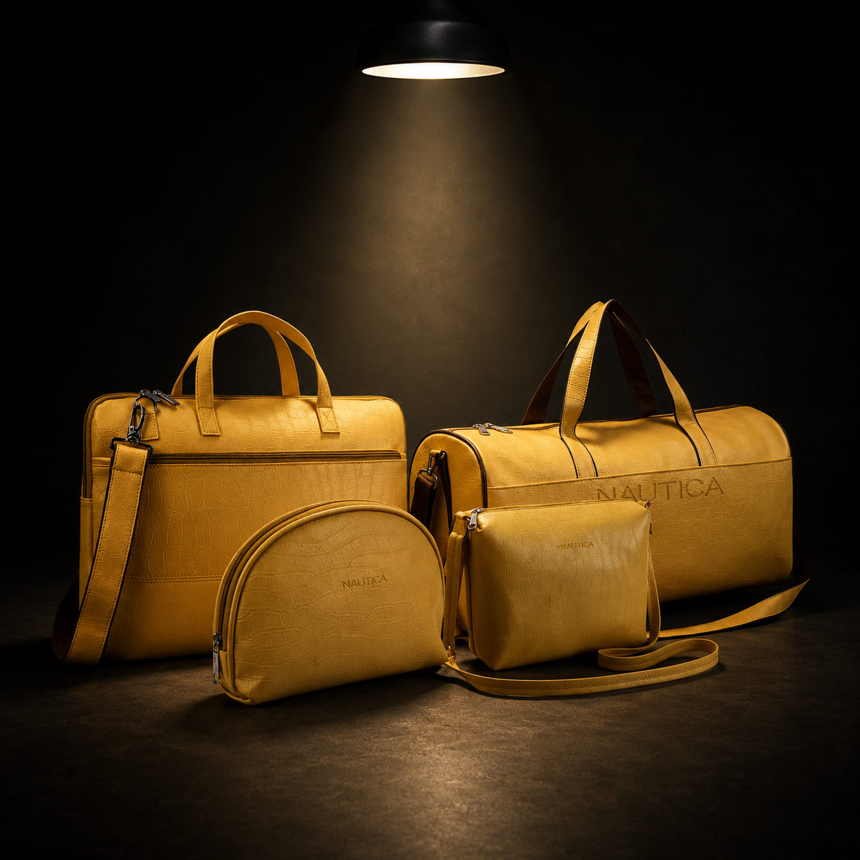 TRAVEL VOMBO 1 CROCO DESIGN LAPTOP BAG / 1 CROCO DESIGN DUFFLE BAG / 1CROCO DESIGN MULTIPURPOSE POUCH / 1 CROCO DESIGN SLING BAG YELLOW