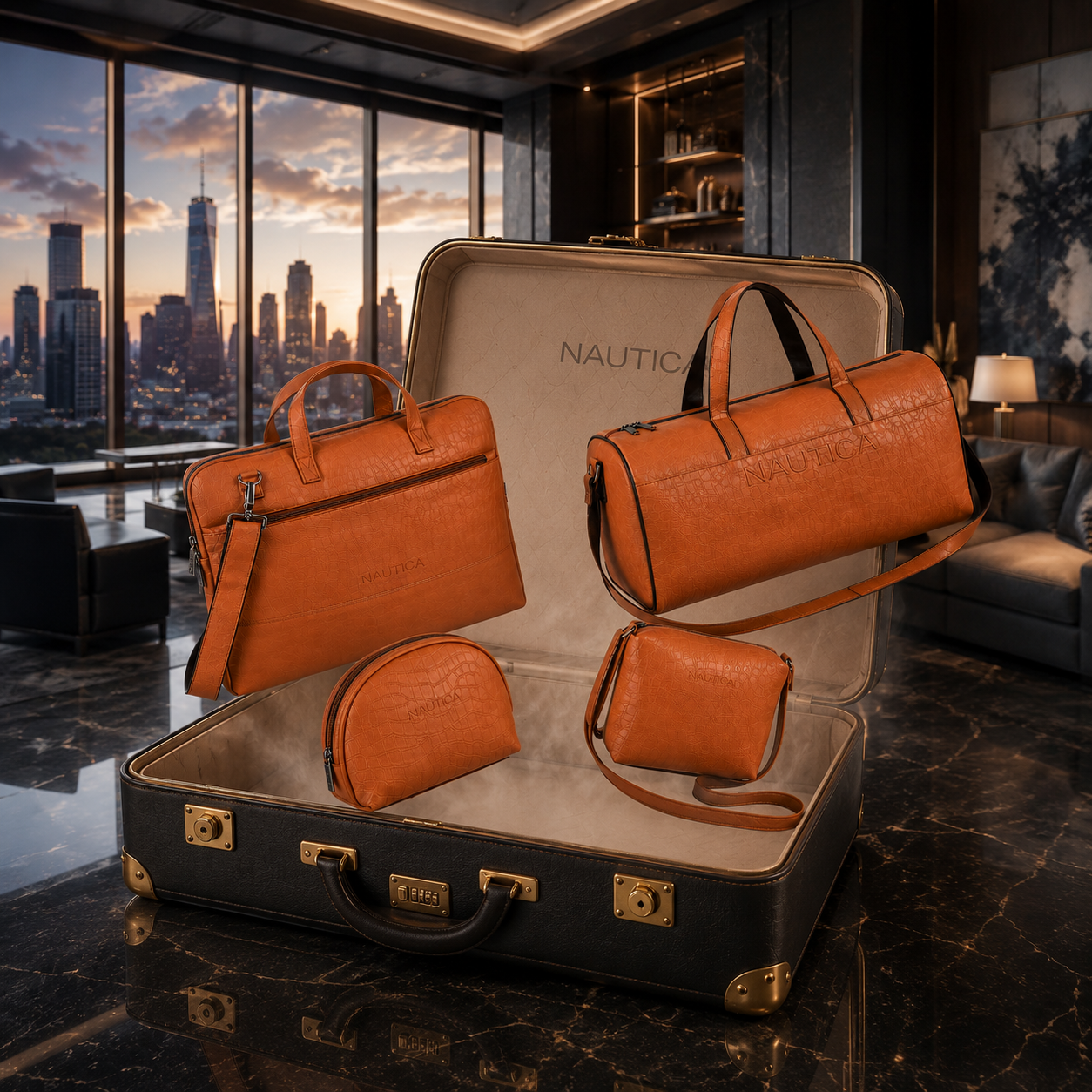 TRAVEL VOMBO 1 CROCO DESIGN LAPTOP BAG / 1 CROCO DESIGN DUFFLE BAG / 1CROCO DESIGN MULTIPURPOSE POUCH / 1 CROCO DESIGN SLING BAG TAN image 5