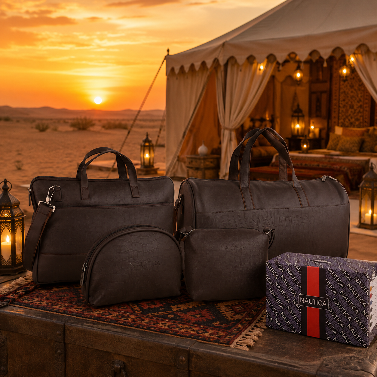 TRAVEL VOMBO 1 CROCO DESIGN LAPTOP BAG / 1 CROCO DESIGN DUFFLE BAG / 1CROCO DESIGN MULTIPURPOSE POUCH / 1 CROCO DESIGN SLING BAG DARK BROWN