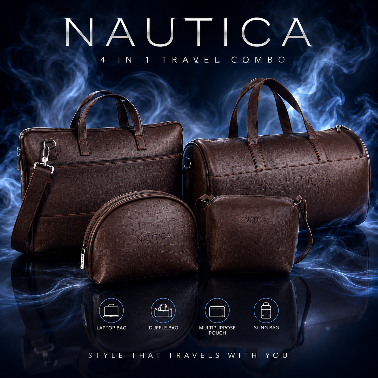 TRAVEL VOMBO 1 CROCO DESIGN LAPTOP BAG / 1 CROCO DESIGN DUFFLE BAG / 1CROCO DESIGN MULTIPURPOSE POUCH / 1 CROCO DESIGN SLING BAG DARK BROWN image 3