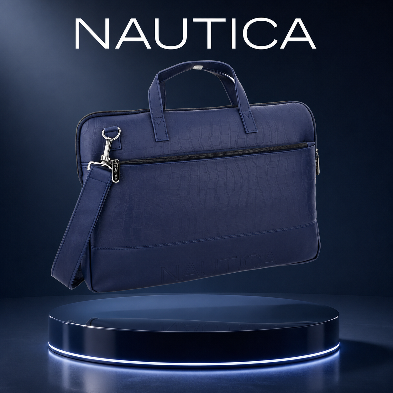 FEATURES : NEW ENGLISH COLOR CROCO TEXTURED DESIGN COMPACT SIZE / WITH STRAP INSIDE POKET ZIP 16.5*11.5*2 INCH SIZE NAUTICA 06- NAVY BLUE