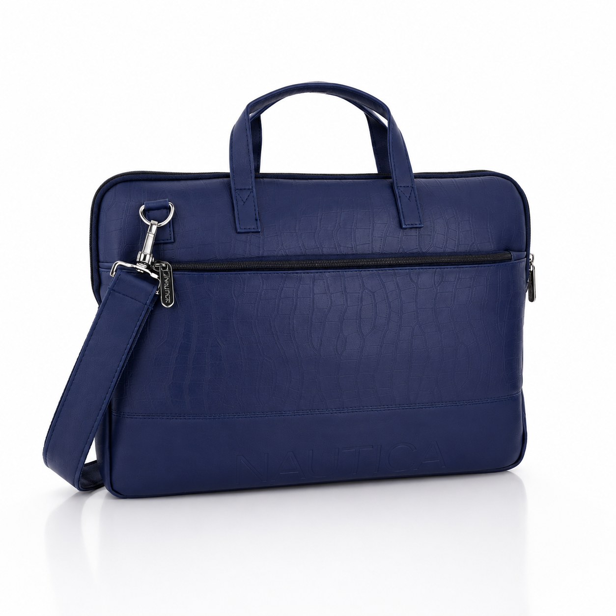 FEATURES : NEW ENGLISH COLOR CROCO TEXTURED DESIGN COMPACT SIZE / WITH STRAP INSIDE POKET ZIP 16.5*11.5*2 INCH SIZE NAUTICA 06- NAVY BLUE image 2