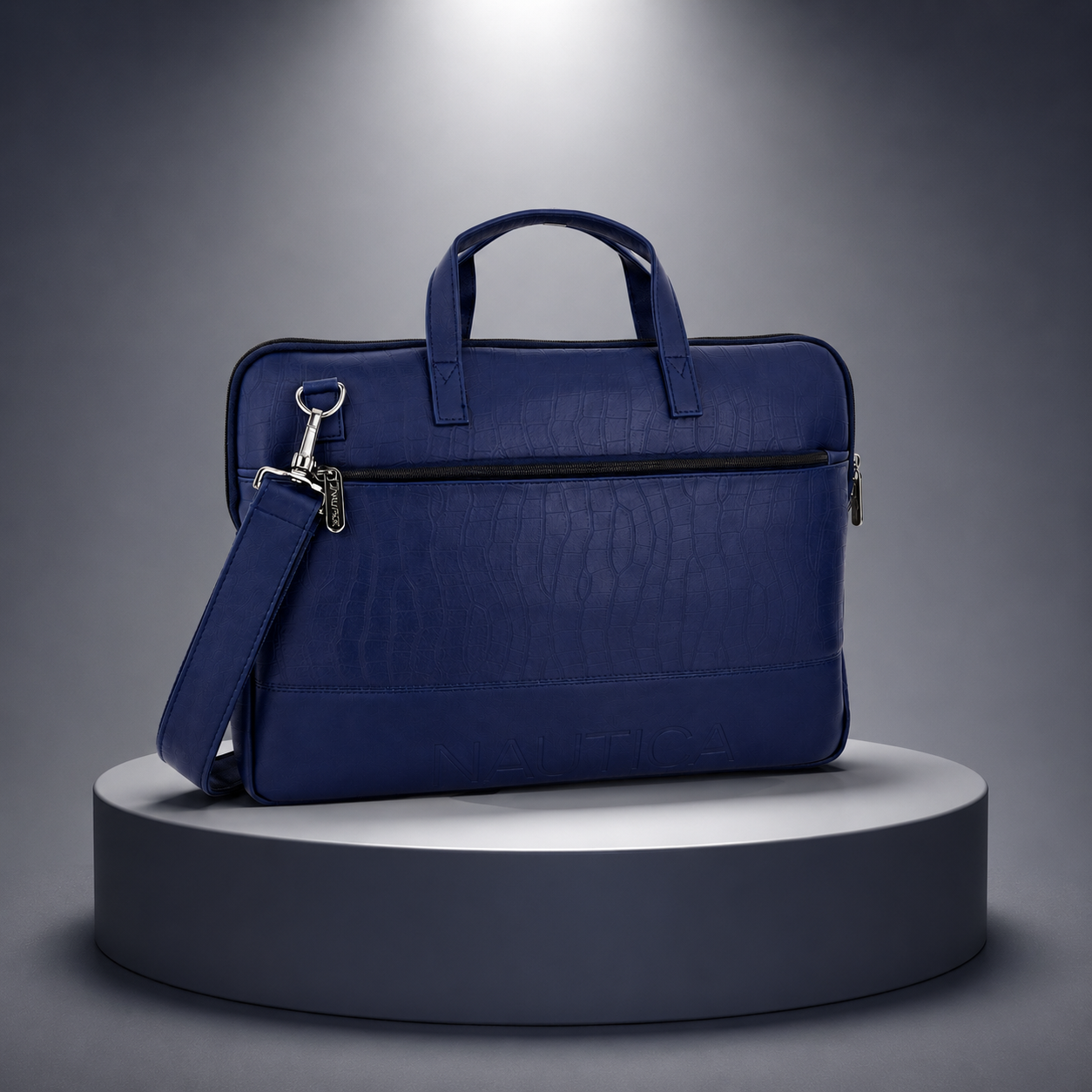 FEATURES : NEW ENGLISH COLOR CROCO TEXTURED DESIGN COMPACT SIZE / WITH STRAP INSIDE POKET ZIP 16.5*11.5*2 INCH SIZE NAUTICA 06- NAVY BLUE image 3