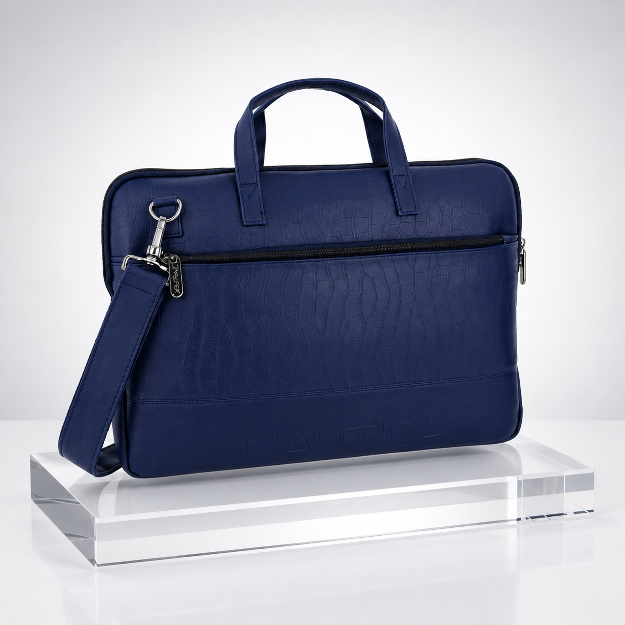 FEATURES : NEW ENGLISH COLOR CROCO TEXTURED DESIGN COMPACT SIZE / WITH STRAP INSIDE POKET ZIP 16.5*11.5*2 INCH SIZE NAUTICA 06- NAVY BLUE image 5