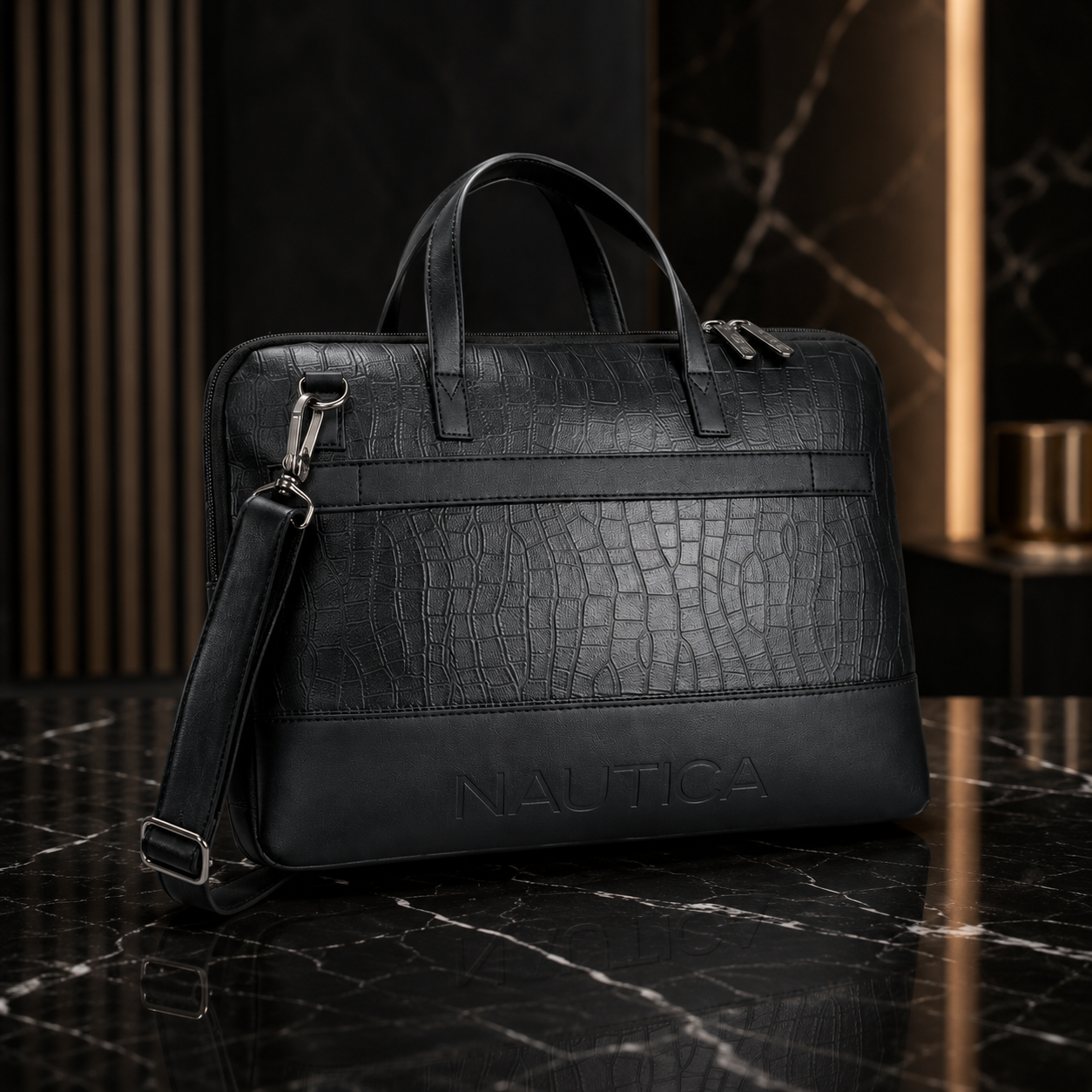 FEATURES : NEW ENGLISH COLOR CROCO TEXTURED DESIGN COMPACT SIZE / WITH STRAP INSIDE POKET ZIP 16.5*11.5*2 INCH SIZE NAUTICA 04 - BLACK