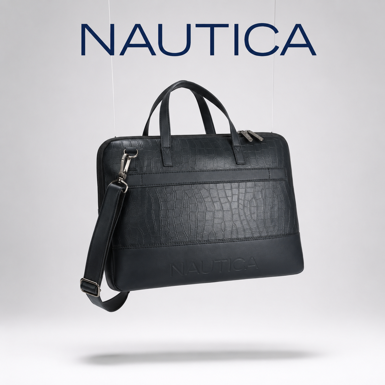 FEATURES : NEW ENGLISH COLOR CROCO TEXTURED DESIGN COMPACT SIZE / WITH STRAP INSIDE POKET ZIP 16.5*11.5*2 INCH SIZE NAUTICA 04 - BLACK image 2