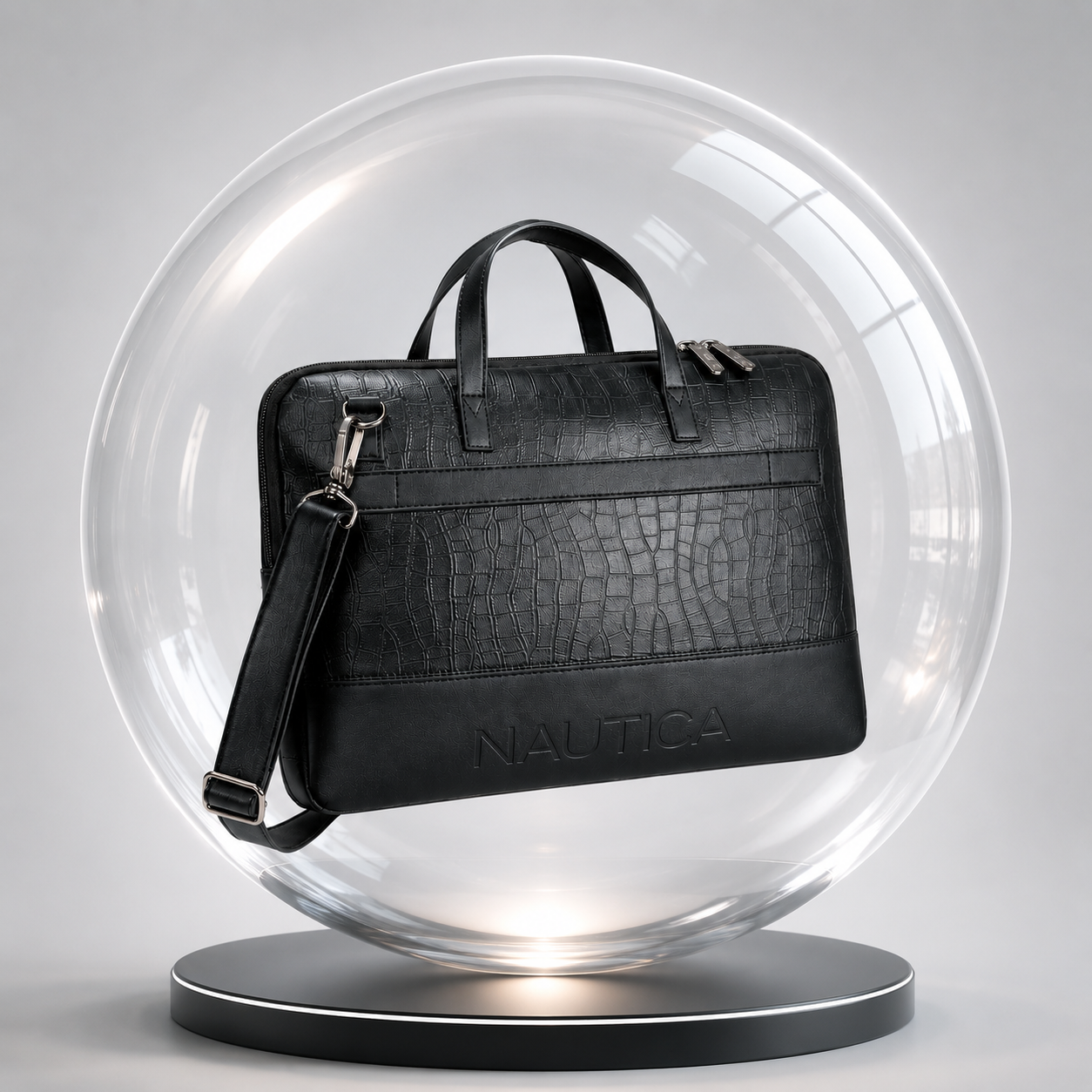 FEATURES : NEW ENGLISH COLOR CROCO TEXTURED DESIGN COMPACT SIZE / WITH STRAP INSIDE POKET ZIP 16.5*11.5*2 INCH SIZE NAUTICA 04 - BLACK image 4