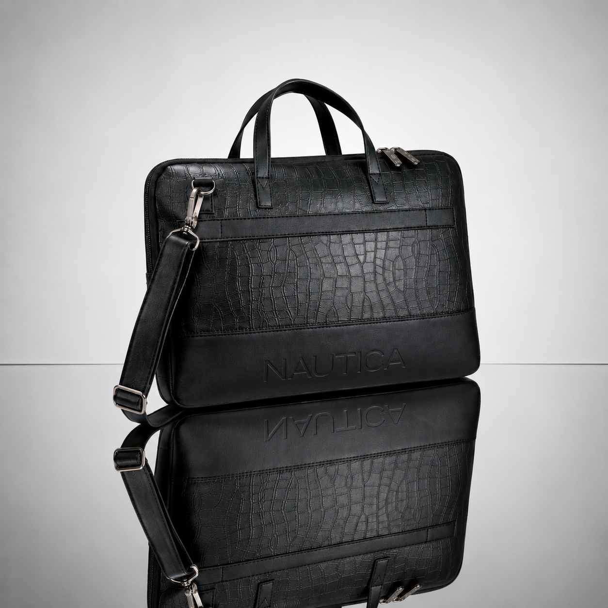 FEATURES : NEW ENGLISH COLOR CROCO TEXTURED DESIGN COMPACT SIZE / WITH STRAP INSIDE POKET ZIP 16.5*11.5*2 INCH SIZE NAUTICA 04 - BLACK image 5