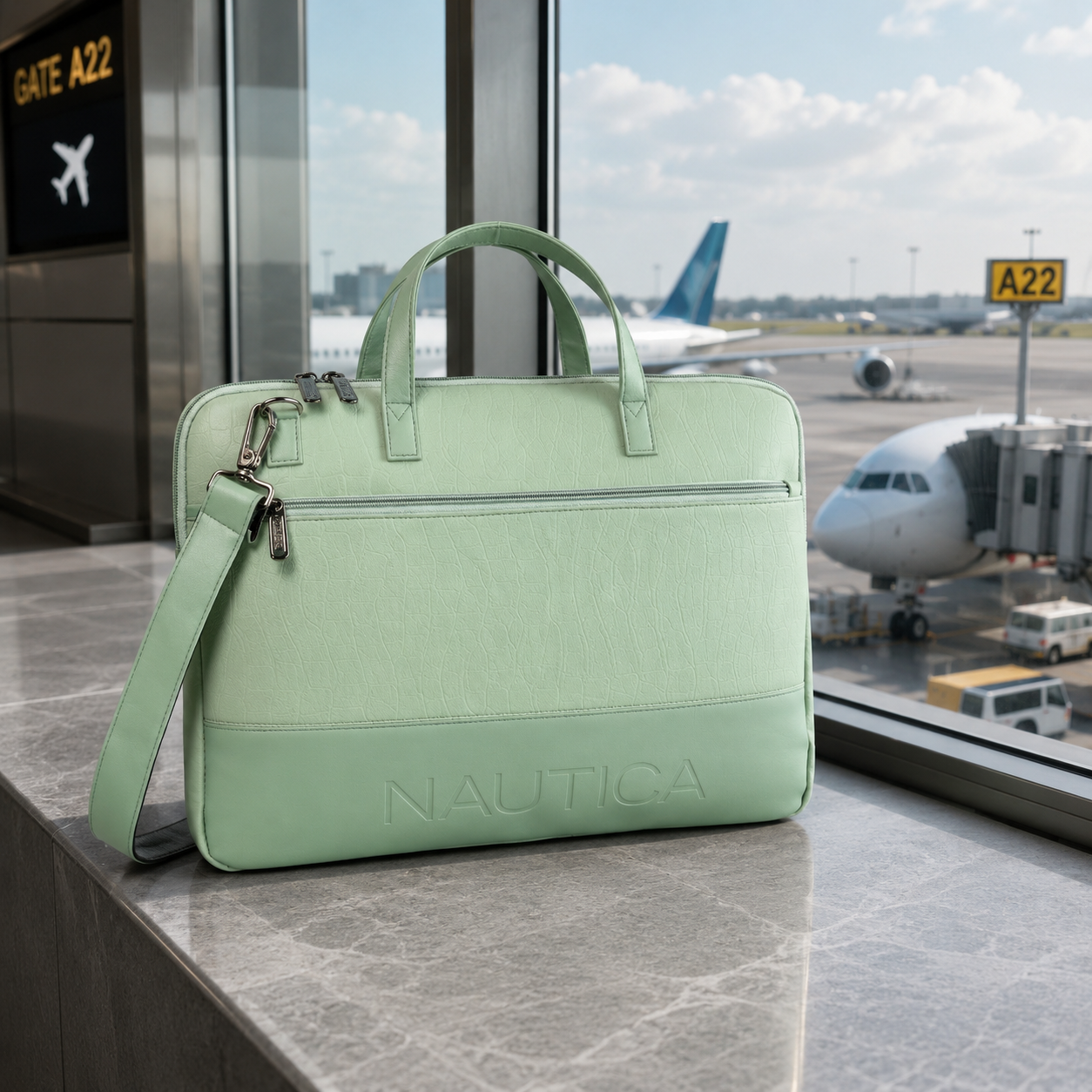 FEATURES : NEW ENGLISH COLOR CROCO TEXTURED DESIGN COMPACT SIZE / WITH STRAP INSIDE POKET ZIP 16.5*11.5*2 INCH SIZE NAUTICA 02 - LIGHT GREEN
