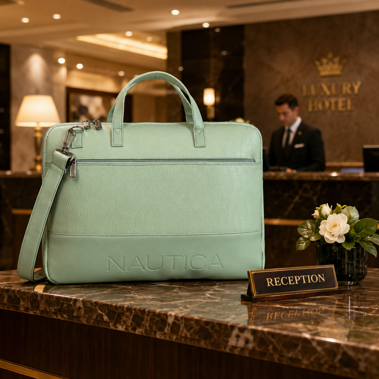 FEATURES : NEW ENGLISH COLOR CROCO TEXTURED DESIGN COMPACT SIZE / WITH STRAP INSIDE POKET ZIP 16.5*11.5*2 INCH SIZE NAUTICA 02 - LIGHT GREEN image 2