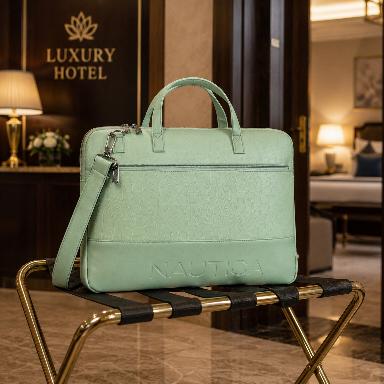 FEATURES : NEW ENGLISH COLOR CROCO TEXTURED DESIGN COMPACT SIZE / WITH STRAP INSIDE POKET ZIP 16.5*11.5*2 INCH SIZE NAUTICA 02 - LIGHT GREEN image 3
