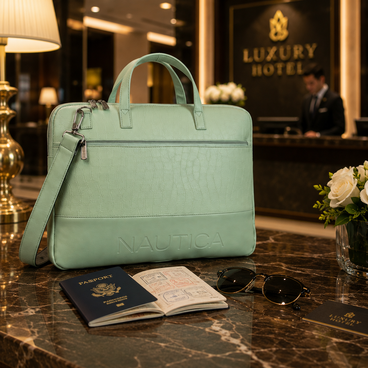 FEATURES : NEW ENGLISH COLOR CROCO TEXTURED DESIGN COMPACT SIZE / WITH STRAP INSIDE POKET ZIP 16.5*11.5*2 INCH SIZE NAUTICA 02 - LIGHT GREEN image 4