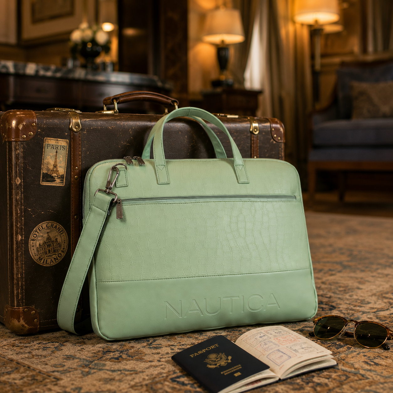 FEATURES : NEW ENGLISH COLOR CROCO TEXTURED DESIGN COMPACT SIZE / WITH STRAP INSIDE POKET ZIP 16.5*11.5*2 INCH SIZE NAUTICA 02 - LIGHT GREEN image 5