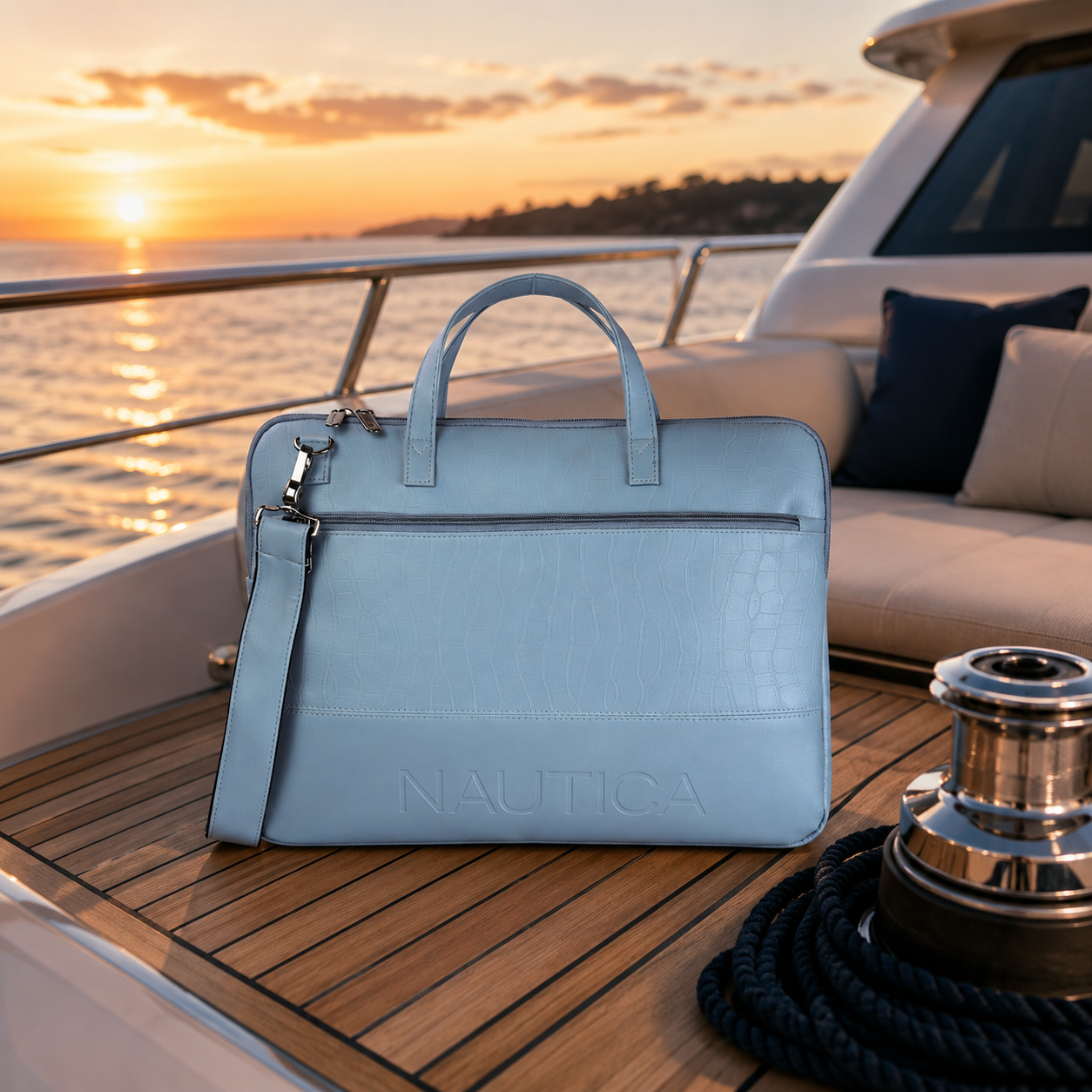 FEATURES : NEW ENGLISH COLOR CROCO TEXTURED DESIGN COMPACT SIZE / WITH STRAP INSIDE POKET ZIP 16.5*11.5*2 INCH SIZE NAUTICA 01 - LIGHT BLUE