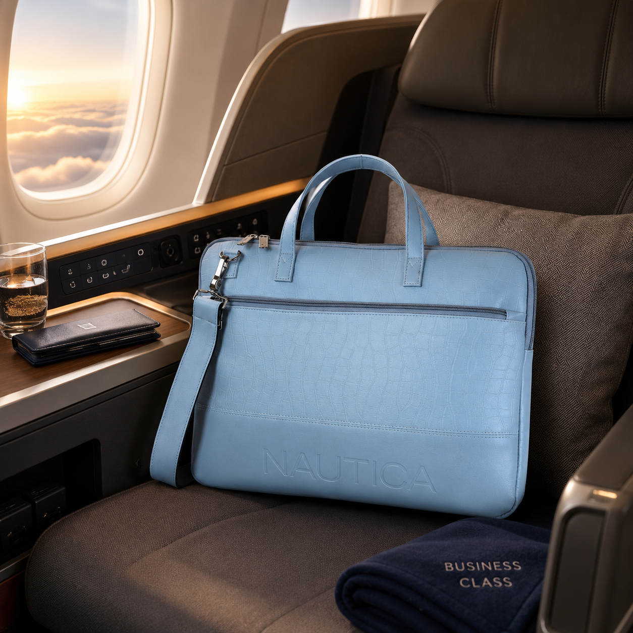 FEATURES : NEW ENGLISH COLOR CROCO TEXTURED DESIGN COMPACT SIZE / WITH STRAP INSIDE POKET ZIP 16.5*11.5*2 INCH SIZE NAUTICA 01 - LIGHT BLUE image 2