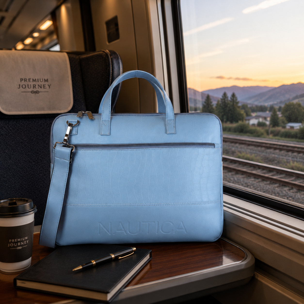 FEATURES : NEW ENGLISH COLOR CROCO TEXTURED DESIGN COMPACT SIZE / WITH STRAP INSIDE POKET ZIP 16.5*11.5*2 INCH SIZE NAUTICA 01 - LIGHT BLUE image 3