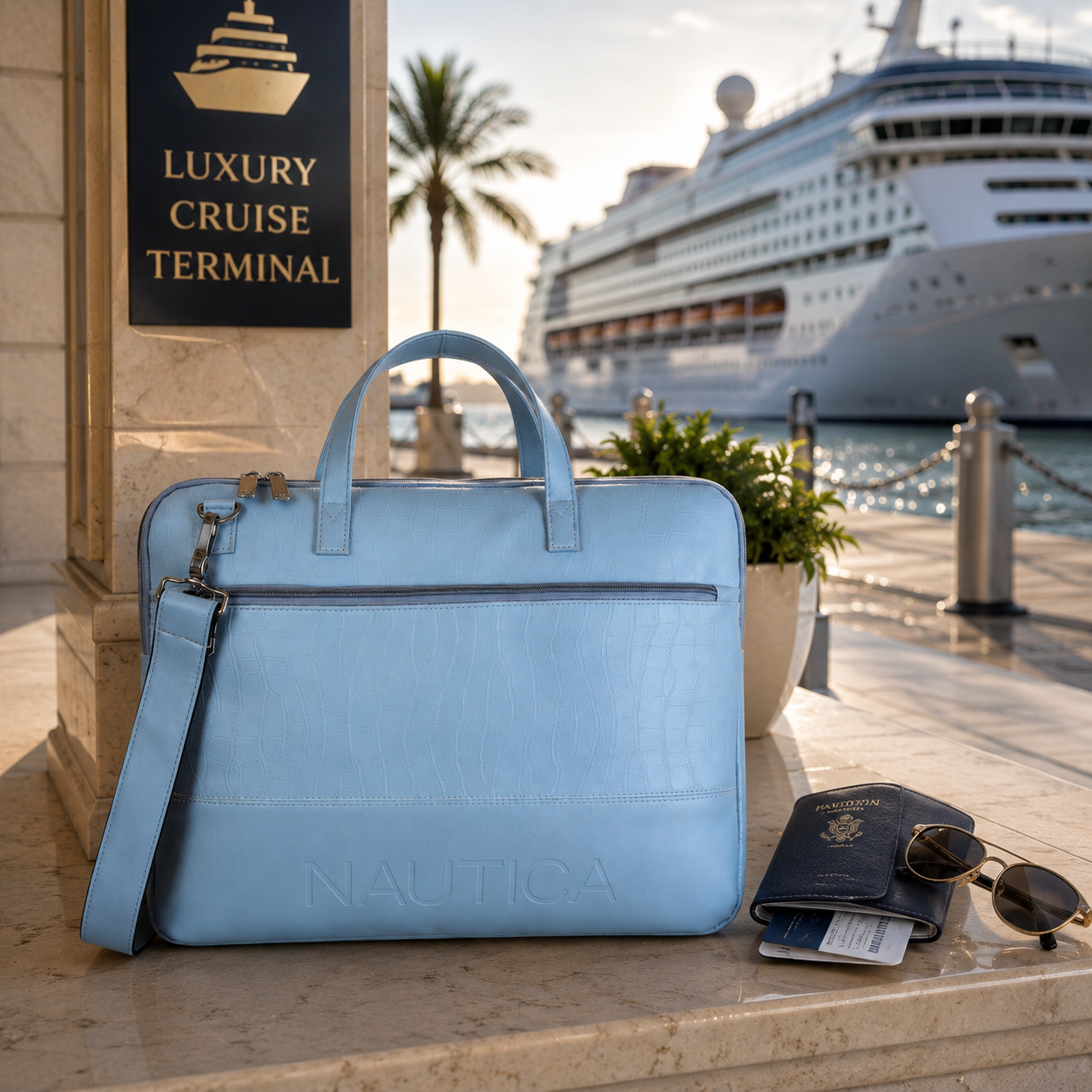 FEATURES : NEW ENGLISH COLOR CROCO TEXTURED DESIGN COMPACT SIZE / WITH STRAP INSIDE POKET ZIP 16.5*11.5*2 INCH SIZE NAUTICA 01 - LIGHT BLUE image 4