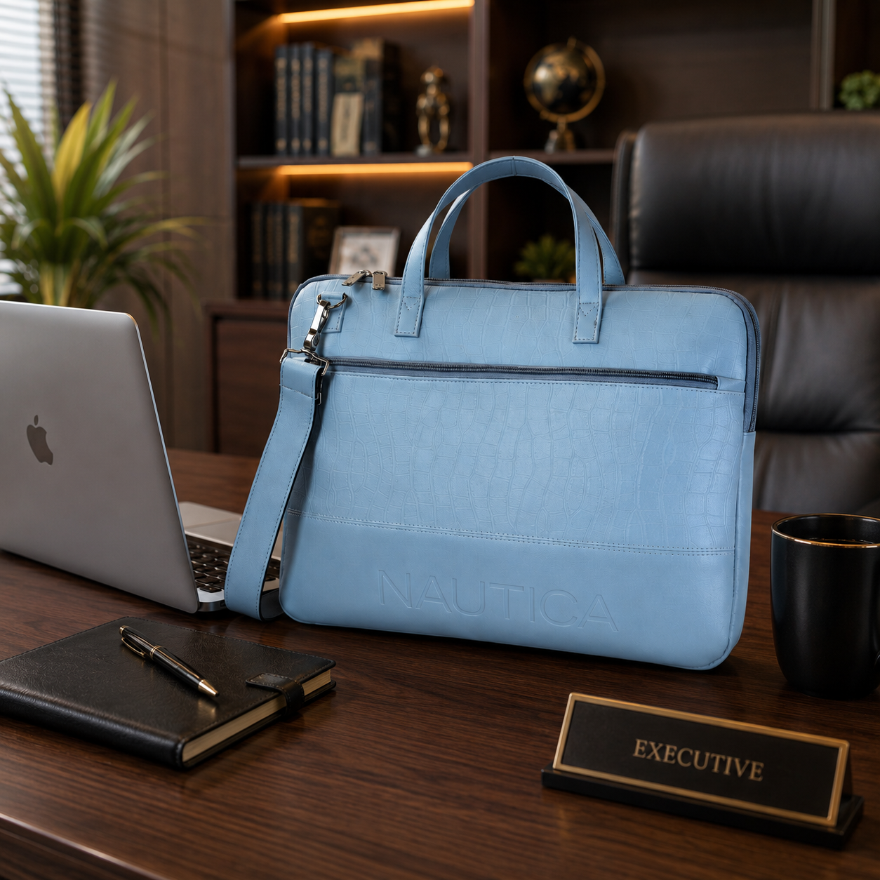 FEATURES : NEW ENGLISH COLOR CROCO TEXTURED DESIGN COMPACT SIZE / WITH STRAP INSIDE POKET ZIP 16.5*11.5*2 INCH SIZE NAUTICA 01 - LIGHT BLUE image 5