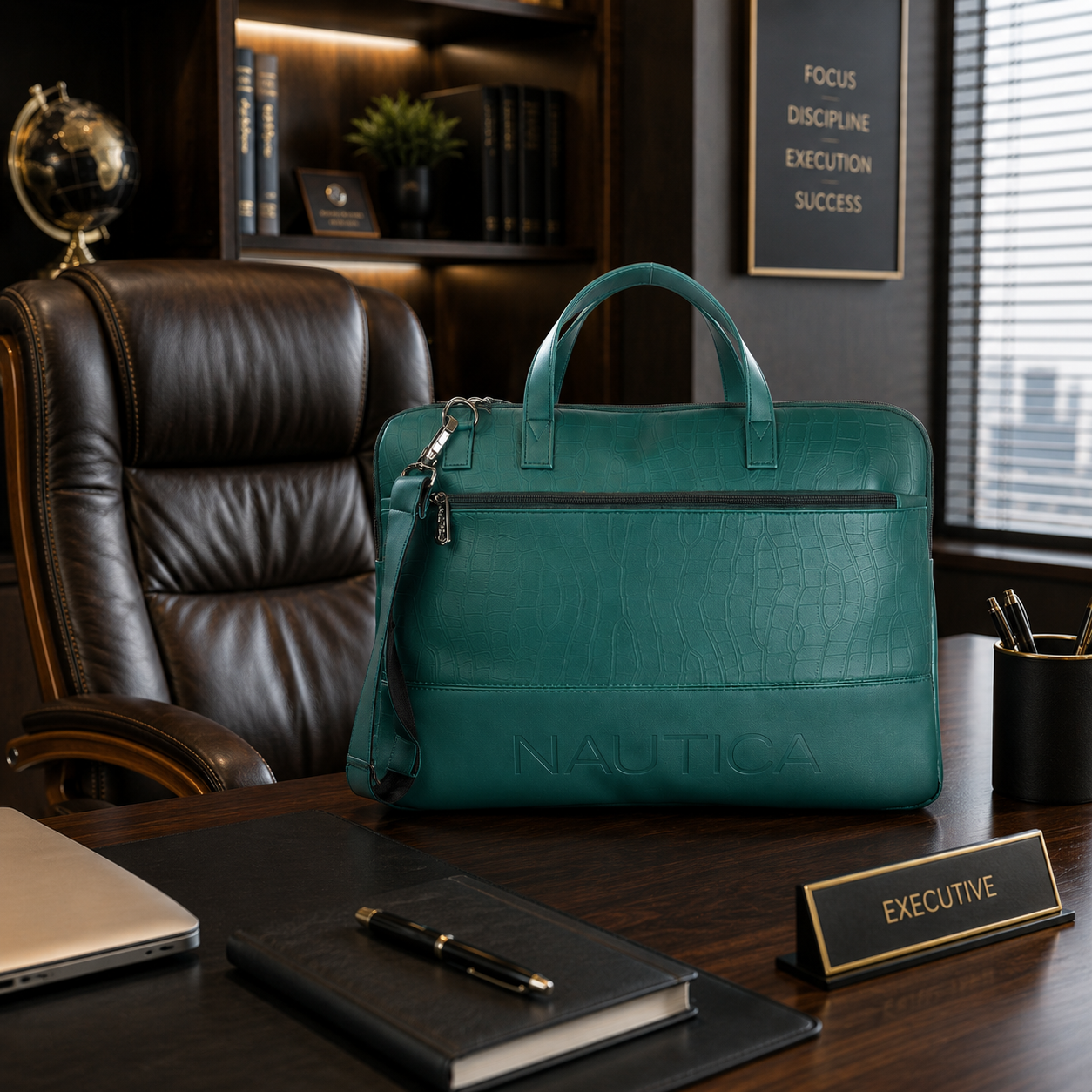 FEATURES : NEW ENGLISH COLOR CROCO TEXTURED DESIGN COMPACT SIZE / WITH STRAP INSIDE POKET ZIP 16.5*11.5*2 INCH SIZE NAUTICA 05 - DARK GREEN image 2