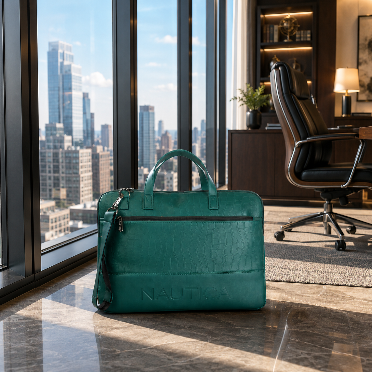 FEATURES : NEW ENGLISH COLOR CROCO TEXTURED DESIGN COMPACT SIZE / WITH STRAP INSIDE POKET ZIP 16.5*11.5*2 INCH SIZE NAUTICA 05 - DARK GREEN image 5