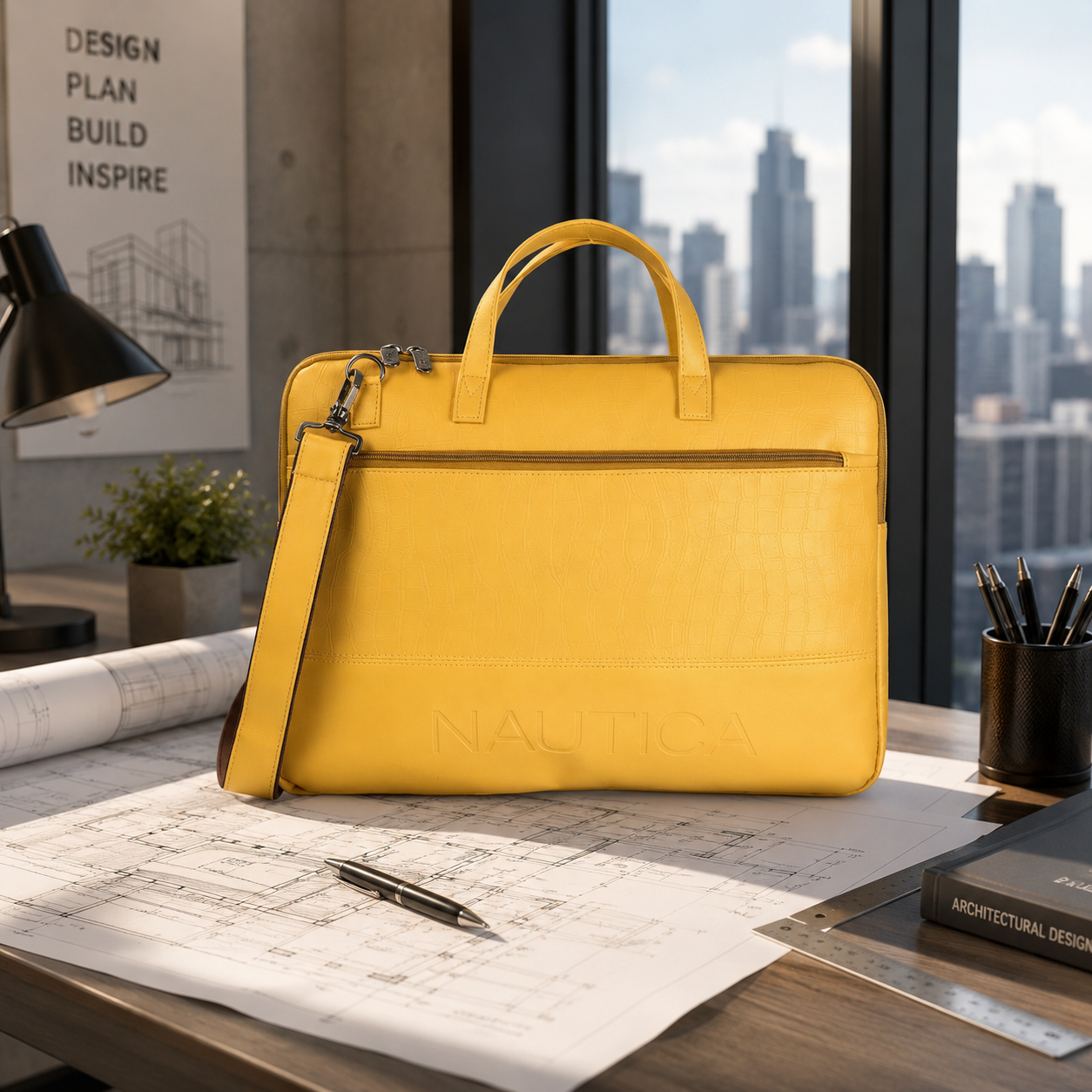 FEATURES :  NEW ENGLISH COLOR CROCO TEXTURED DESIGN COMPACT SIZE / WITH STRAP INSIDE POKET ZIP 16.5*11.5*2 INCH SIZE NAUTICA 03 - YELLOW