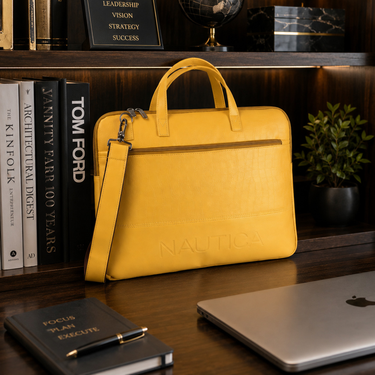 FEATURES :  NEW ENGLISH COLOR CROCO TEXTURED DESIGN COMPACT SIZE / WITH STRAP INSIDE POKET ZIP 16.5*11.5*2 INCH SIZE NAUTICA 03 - YELLOW image 2