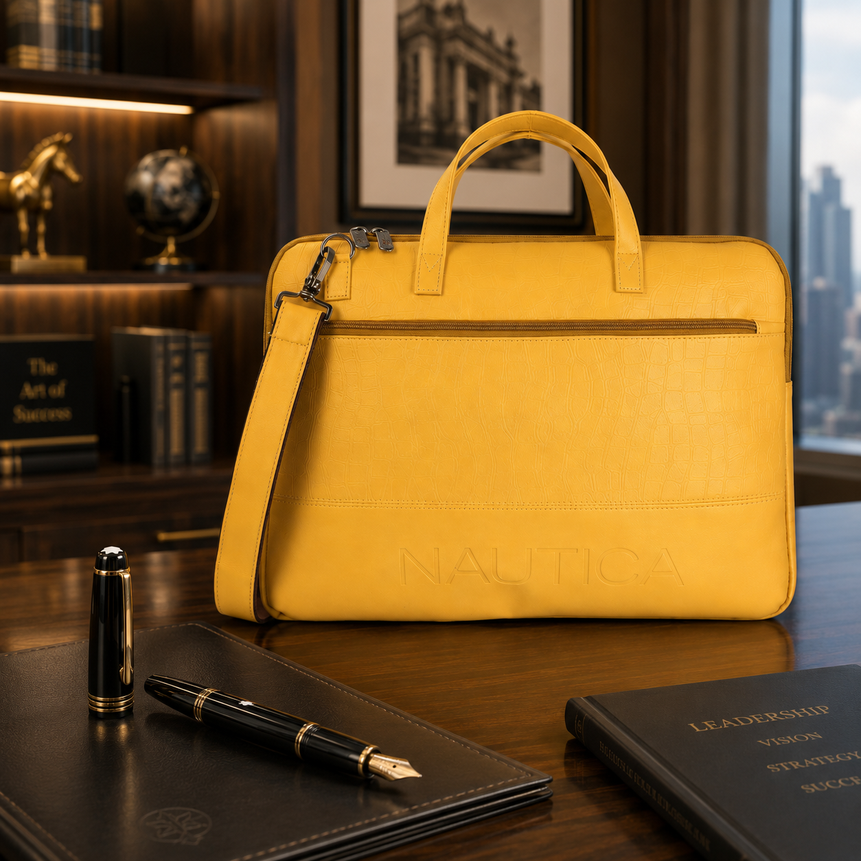 FEATURES :  NEW ENGLISH COLOR CROCO TEXTURED DESIGN COMPACT SIZE / WITH STRAP INSIDE POKET ZIP 16.5*11.5*2 INCH SIZE NAUTICA 03 - YELLOW image 3