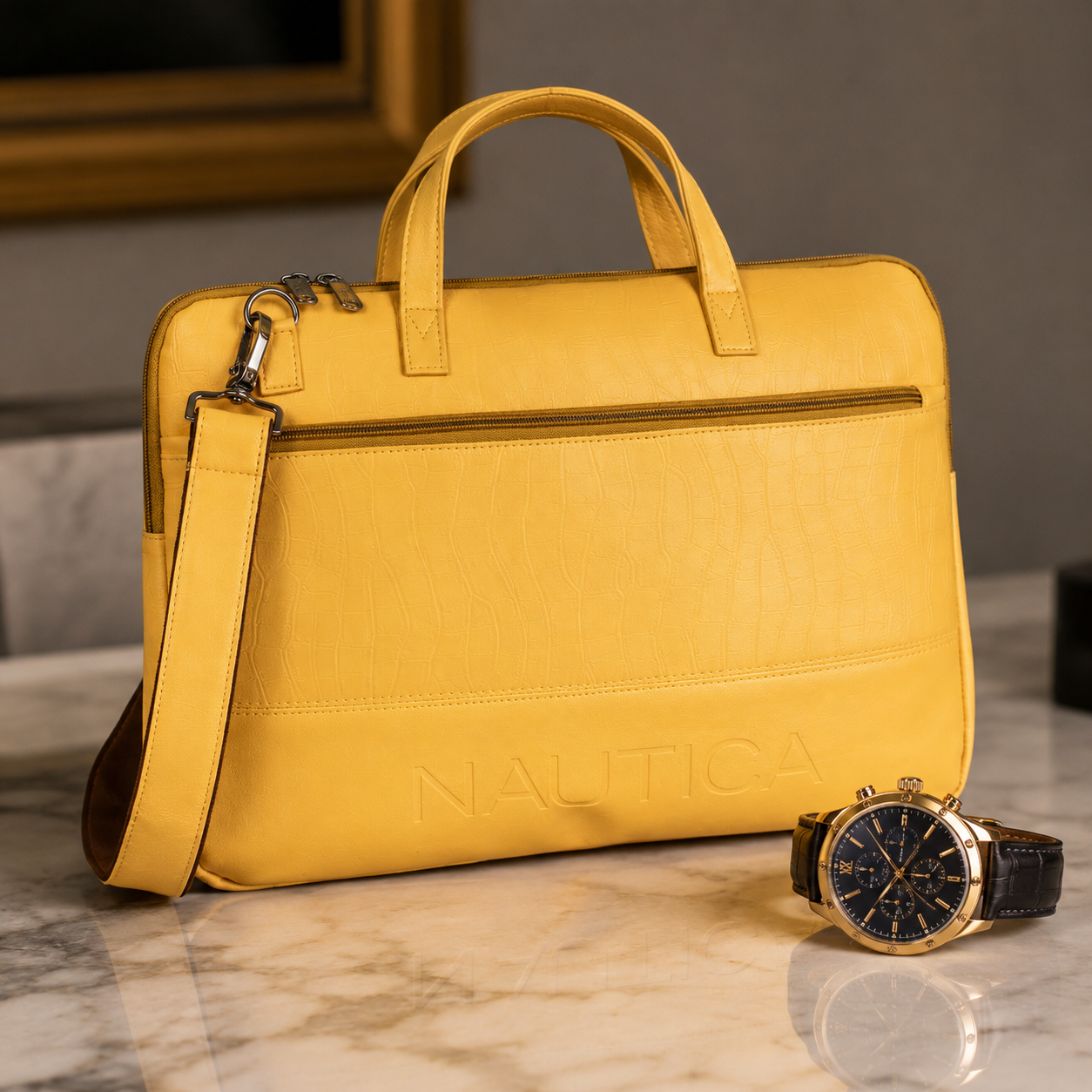 FEATURES :  NEW ENGLISH COLOR CROCO TEXTURED DESIGN COMPACT SIZE / WITH STRAP INSIDE POKET ZIP 16.5*11.5*2 INCH SIZE NAUTICA 03 - YELLOW image 4